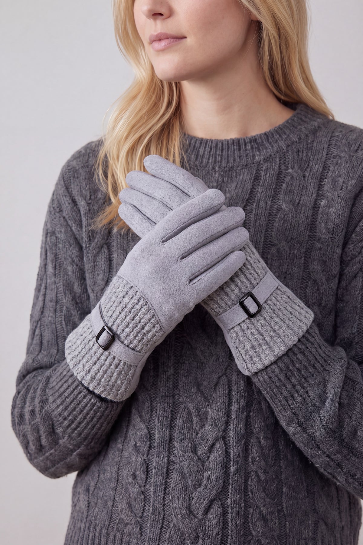 Women’s Faux Suede Textured Panel Buckle Detail Touchscreen Gloves