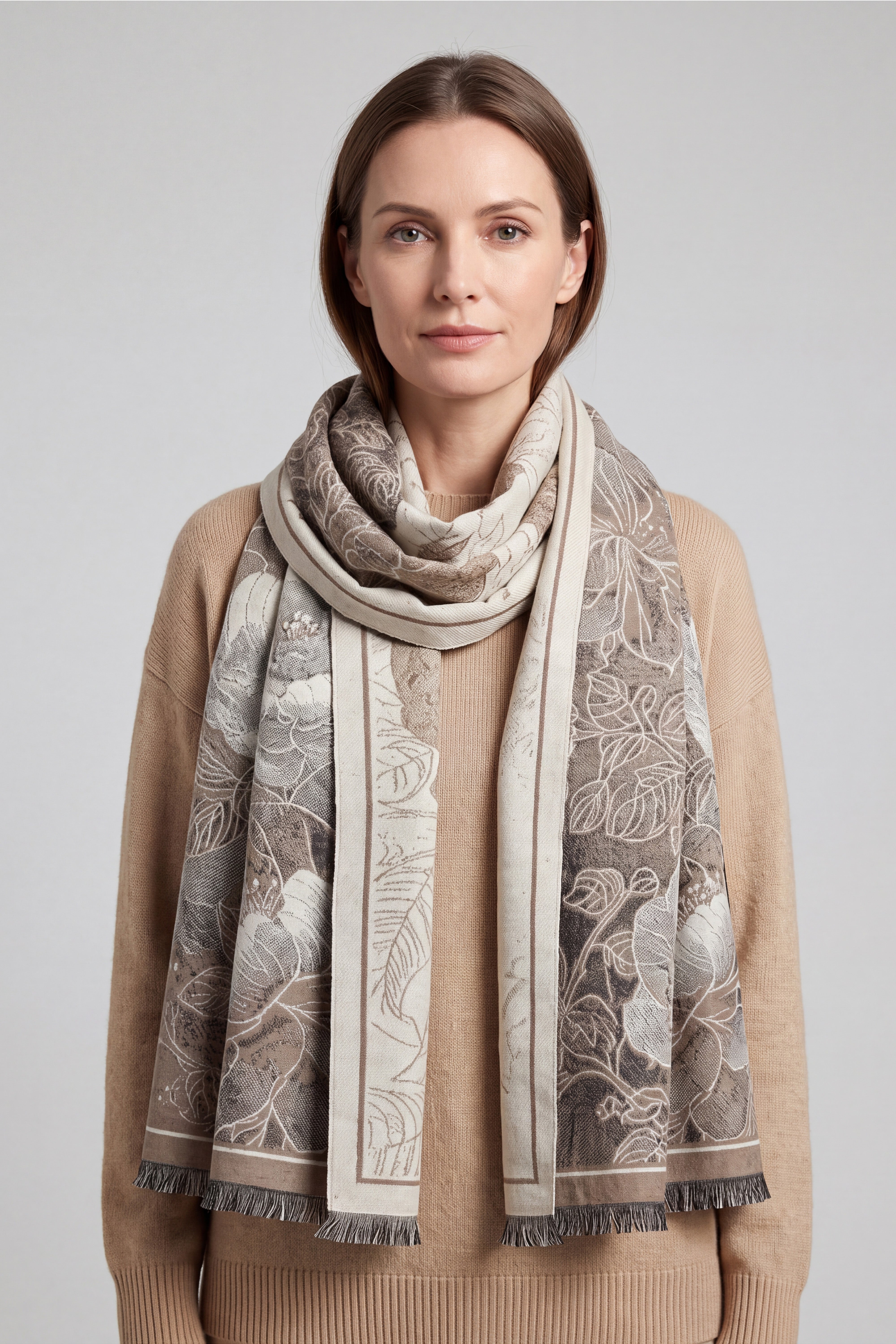 Women’s Botanical Floral Reversible Scarf with Fringed Trim
