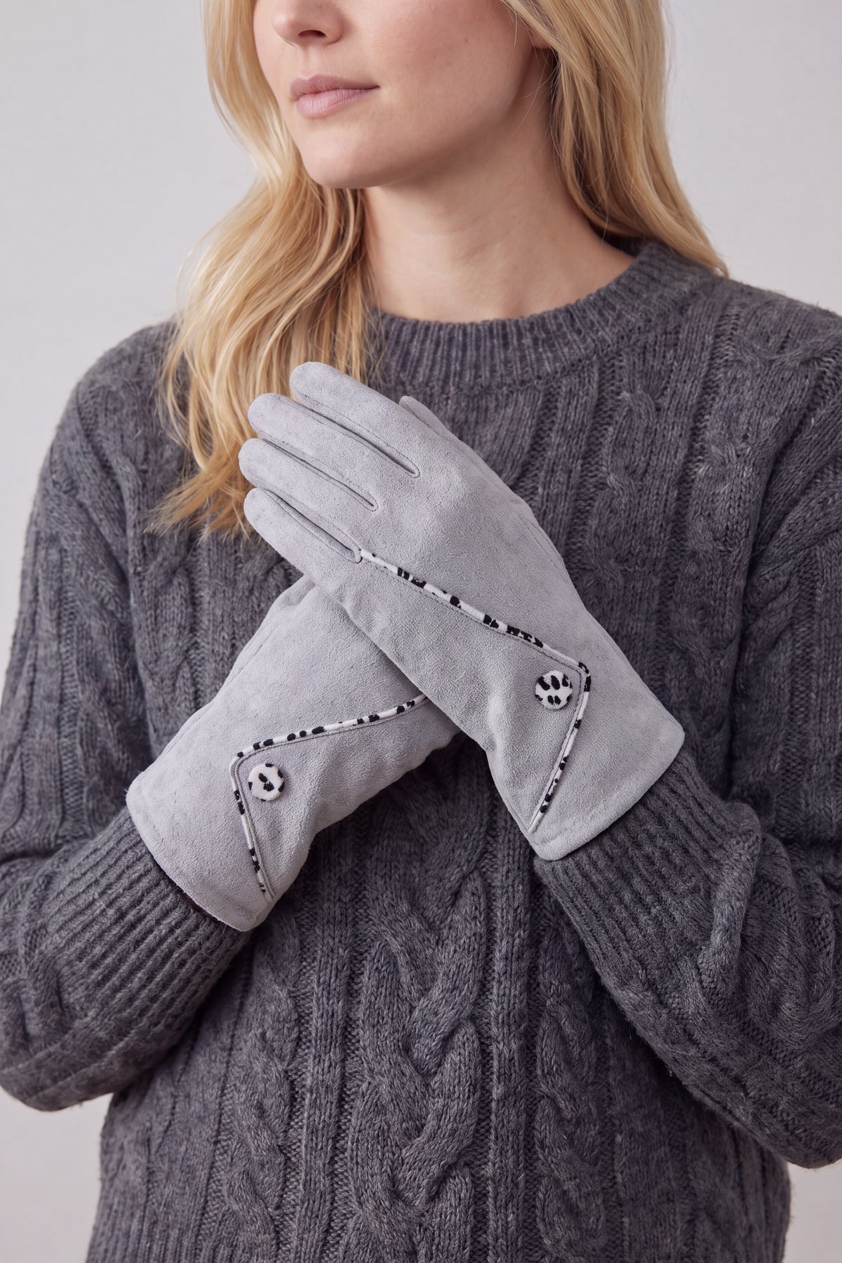 Women’s Faux Suede Animal Print Trim Button Gloves