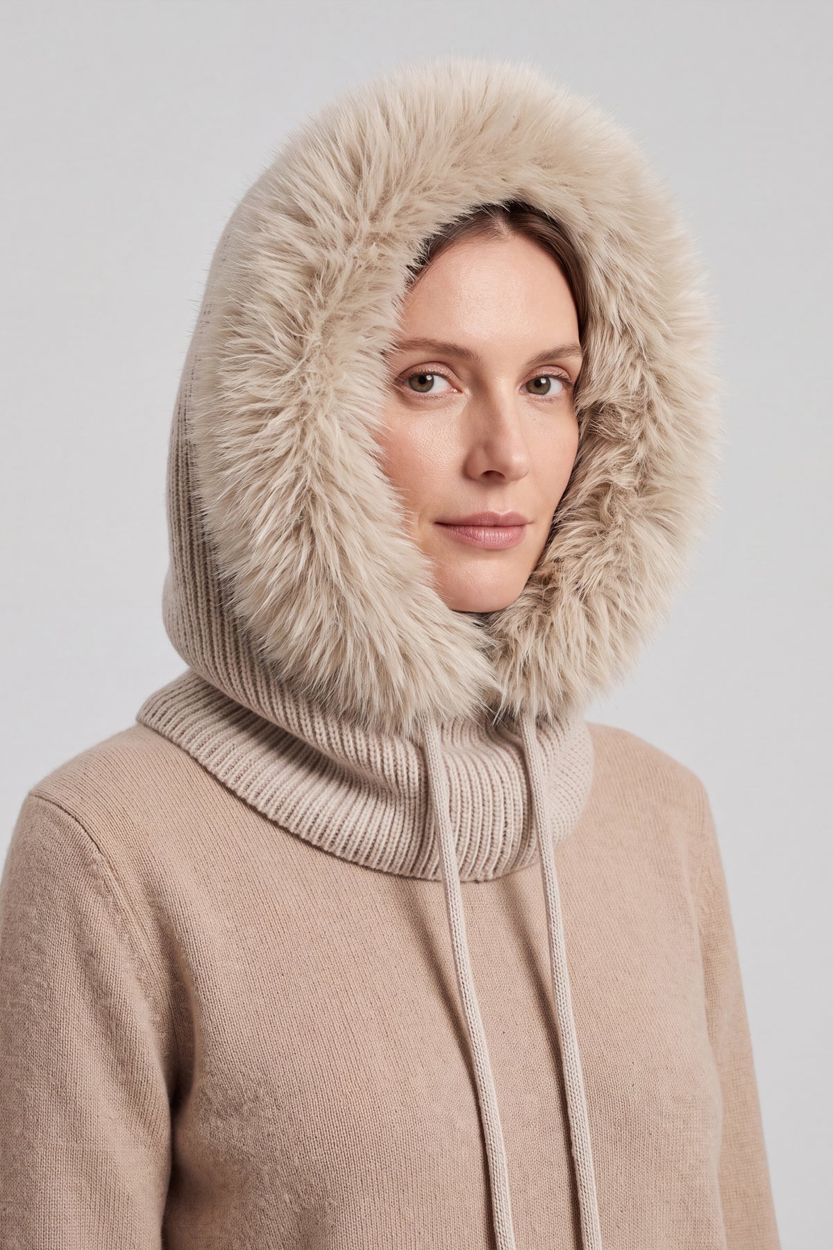 Women’s Faux Fur Trim Knitted Hood Scarf with Tie Fastening
