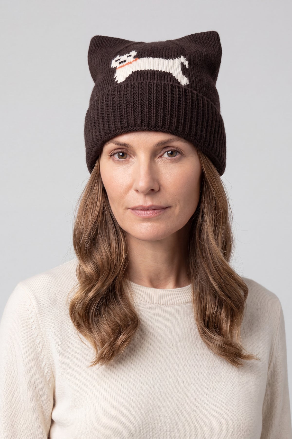 Women’s Dog Motif Knit Turn-Up Cat Ear Beanie Hat