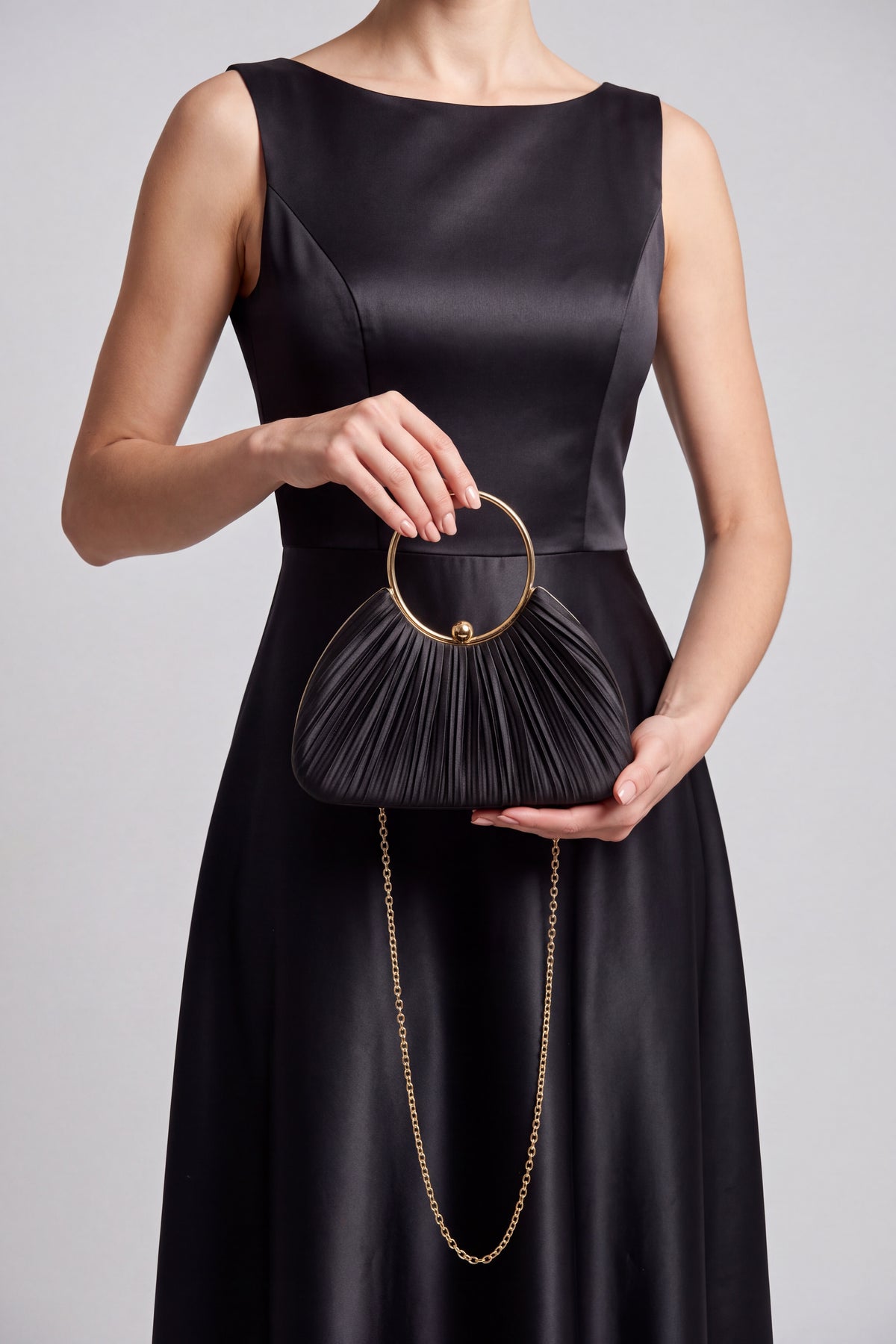 Pleated Satin Evening Bag with Gold Ring Handle