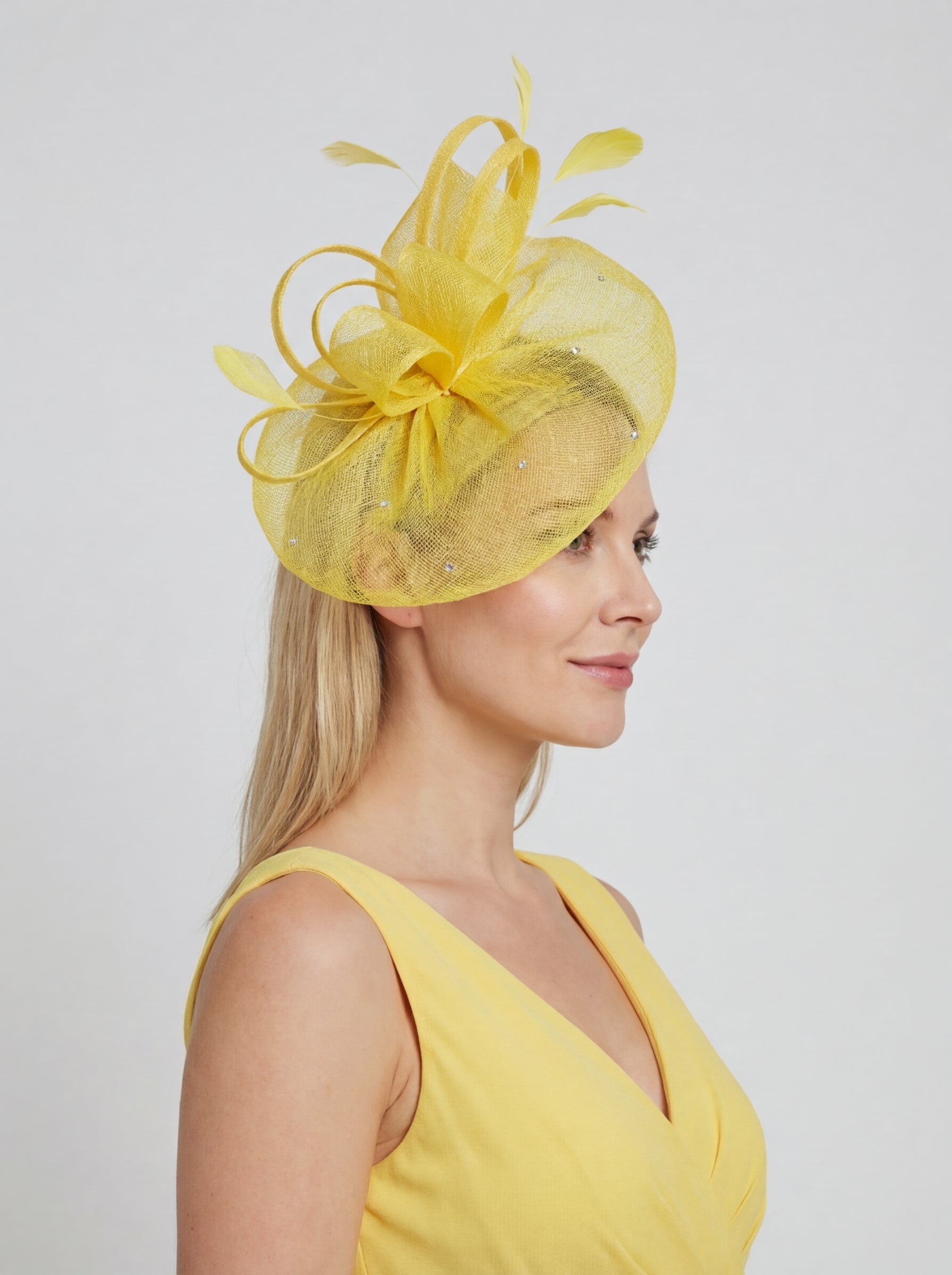 Curled Sinamay Bow Fascinator with Feather Trim Diamonds