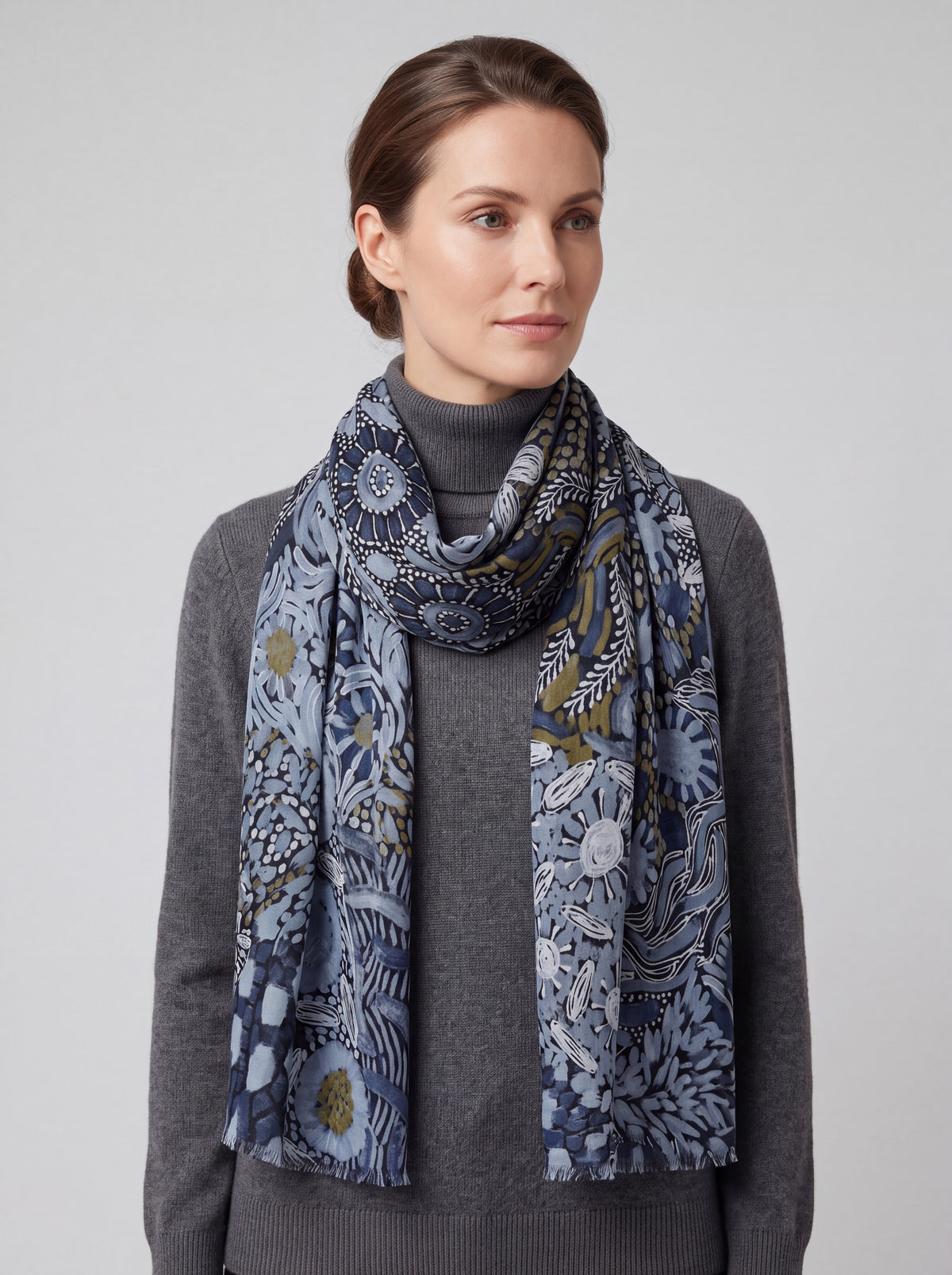 Women's Abstract Floral Print Lightweight Scarf with Frayed Edges