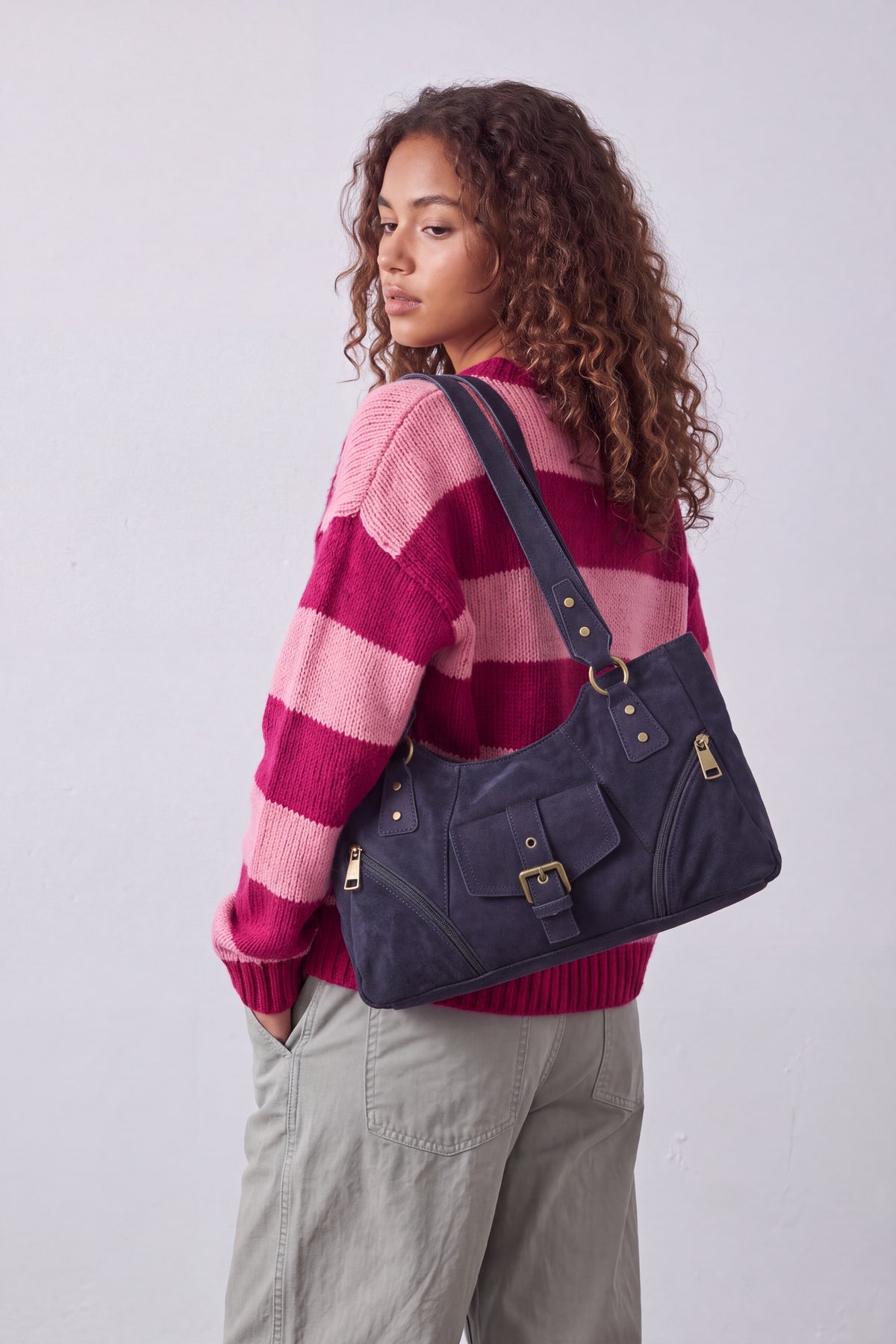 Women’s Suede-Look Shoulder Bag with Buckle Pocket Detail