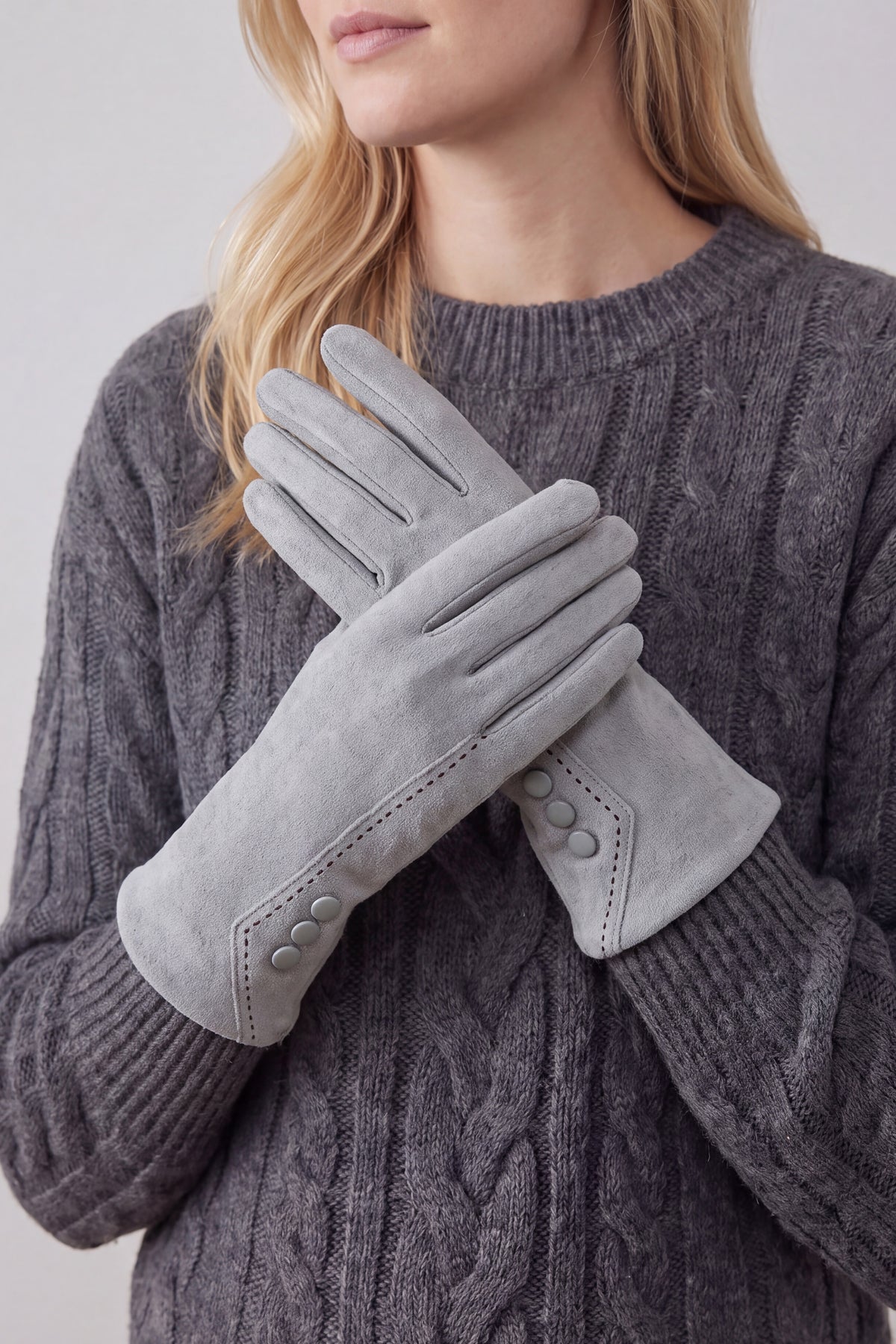 Women’s Touchscreen Faux Suede Gloves with Button Detail
