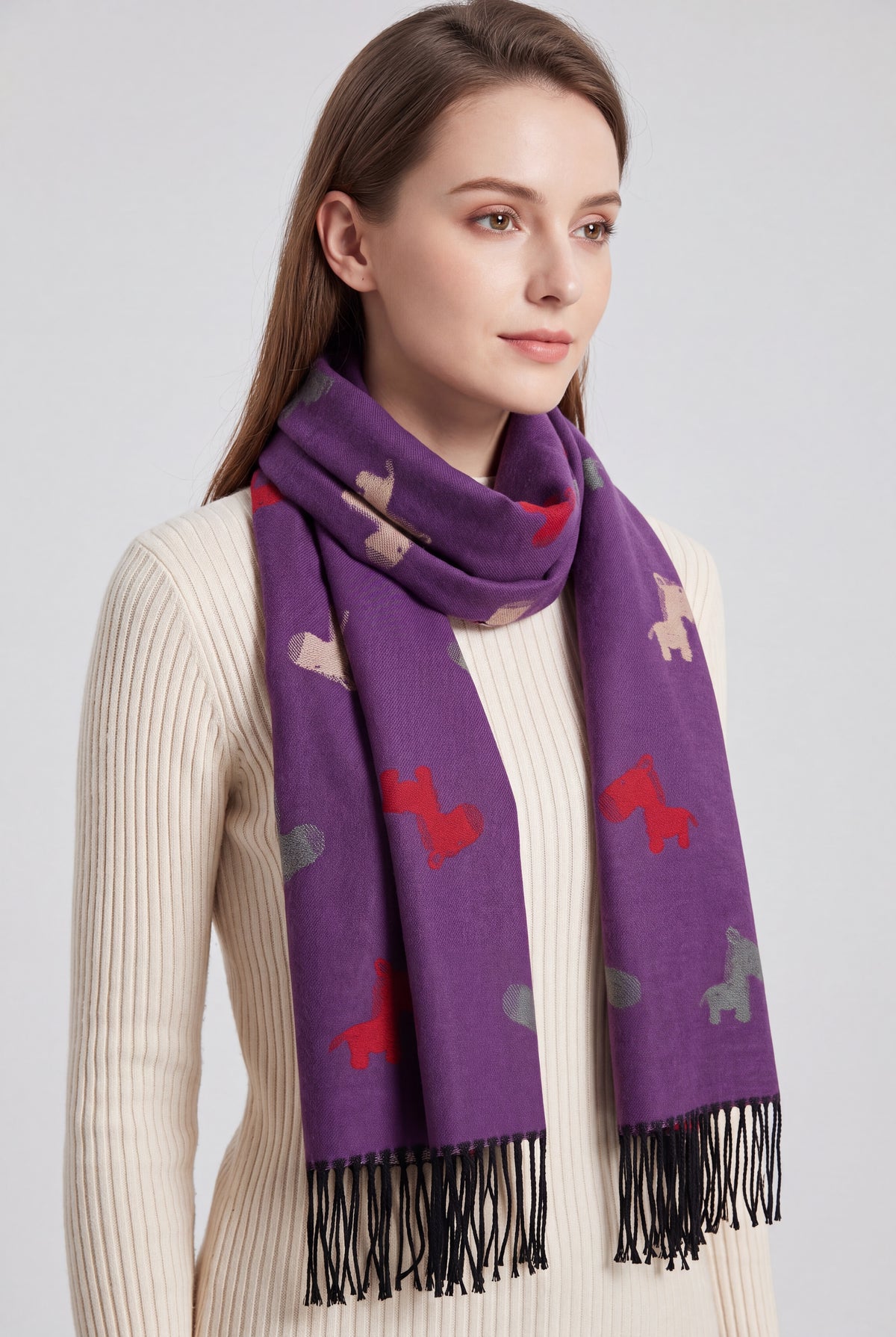 Colourful Donkey Print Reversible Wool-Blend Scarf with Tassels