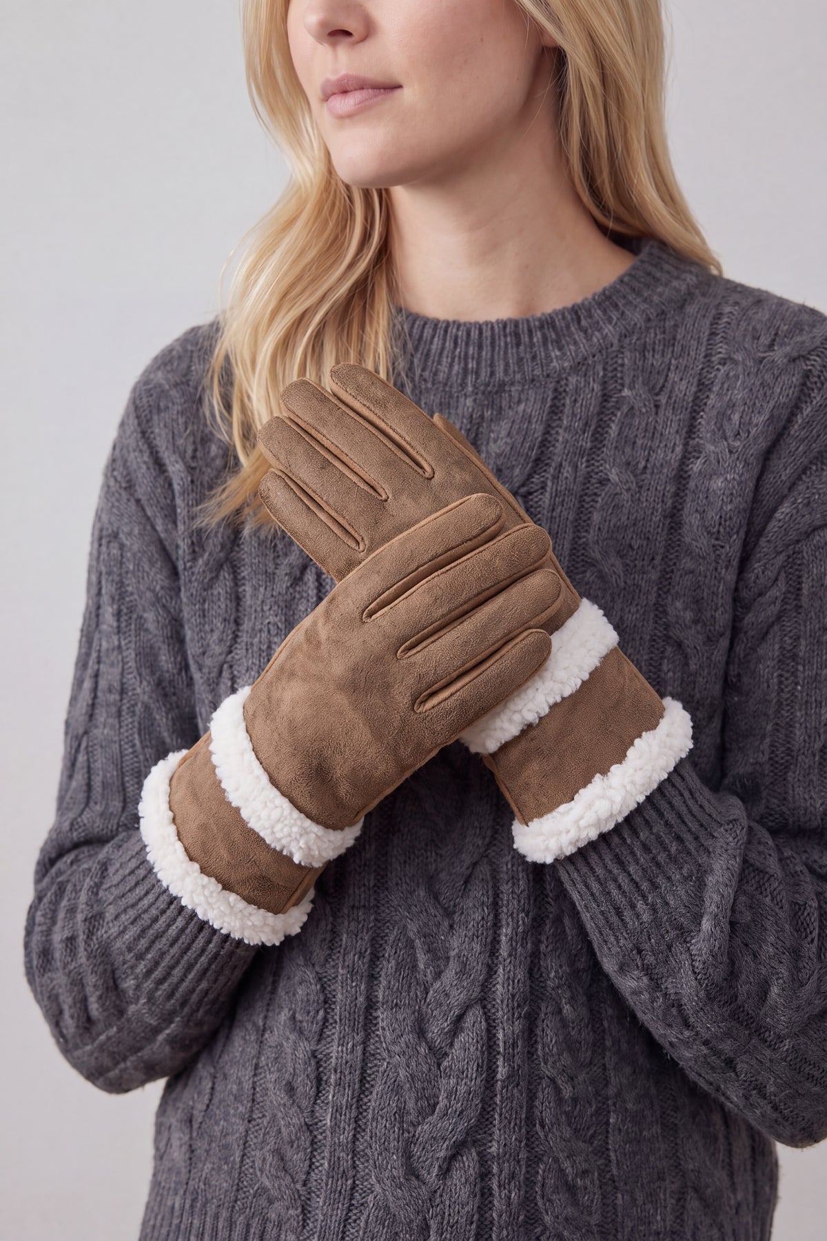 Women's Touchscreen Suede-Look Gloves with Double Faux Fur Trim