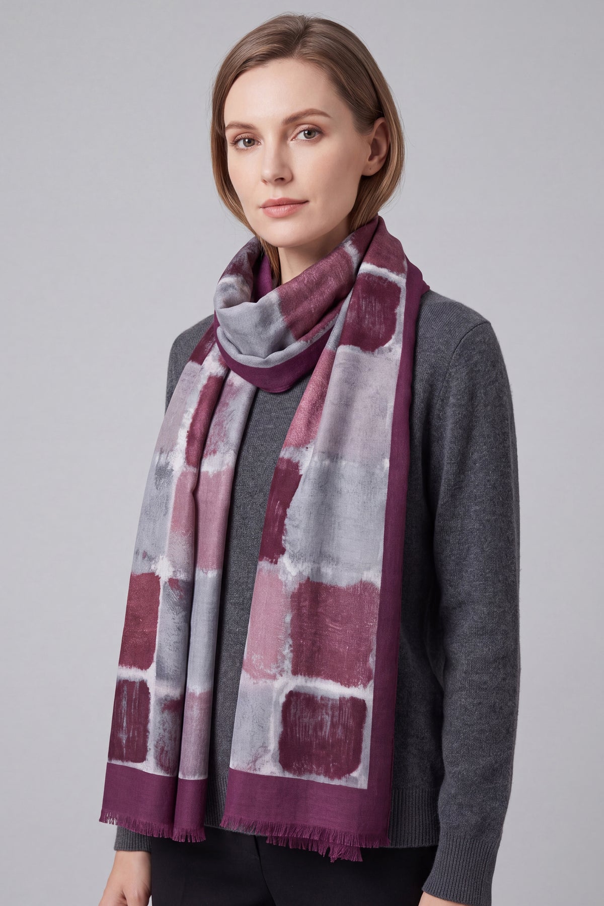 Women’s Abstract Block Print Lightweight Scarf with Fringed Trim