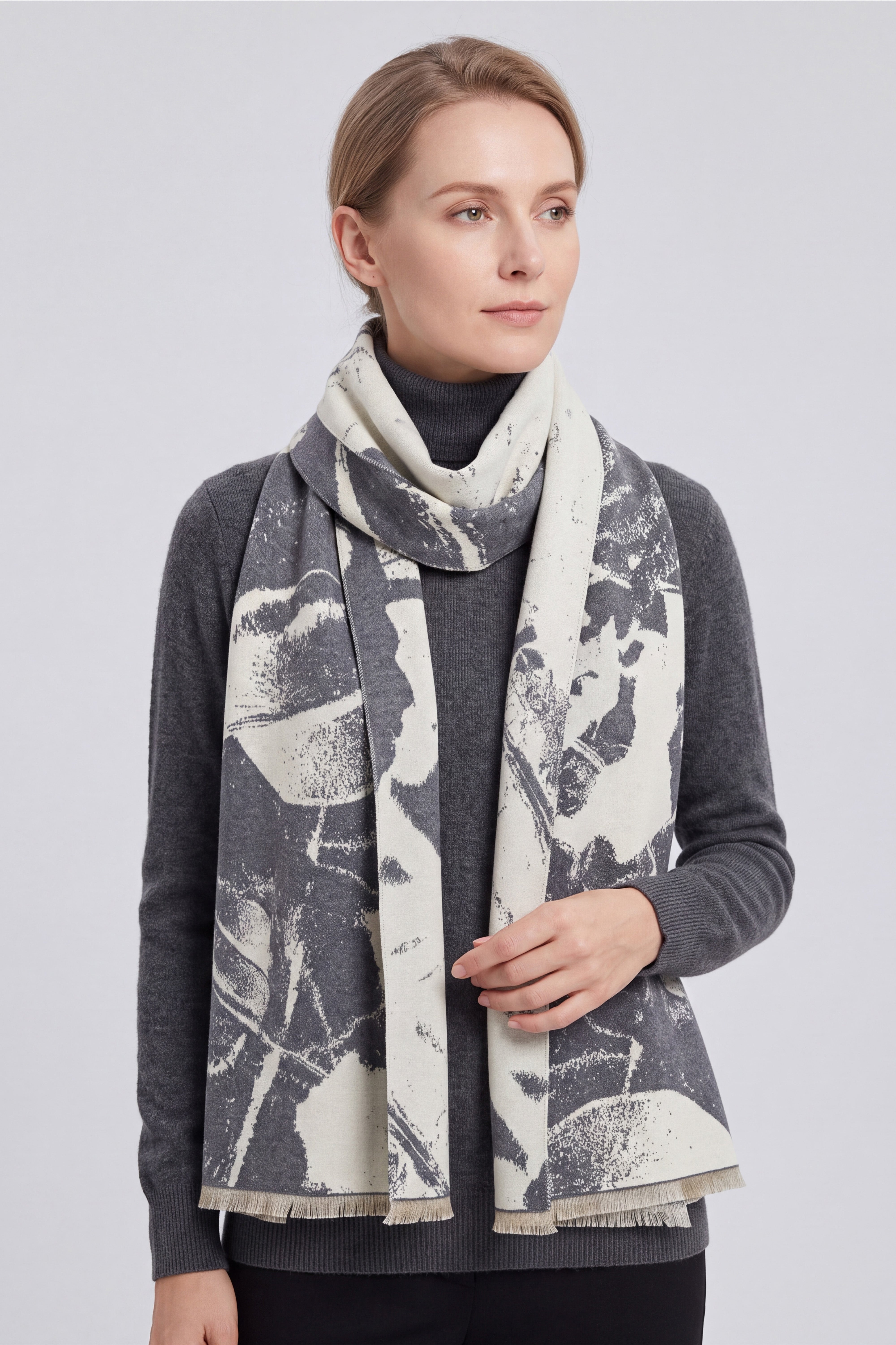 Women’s Abstract Floral Print Woven Scarf with Fringed Trim