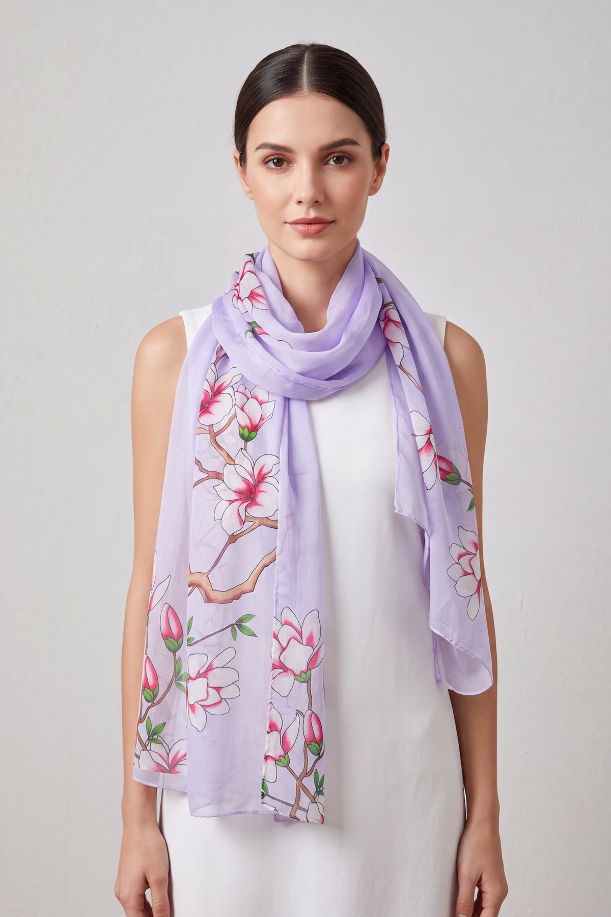 Soft Flowers on Branch Print Chiffon Scarf