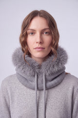Women’s Faux Fur Trim Knitted Hood Scarf with Tie Fastening