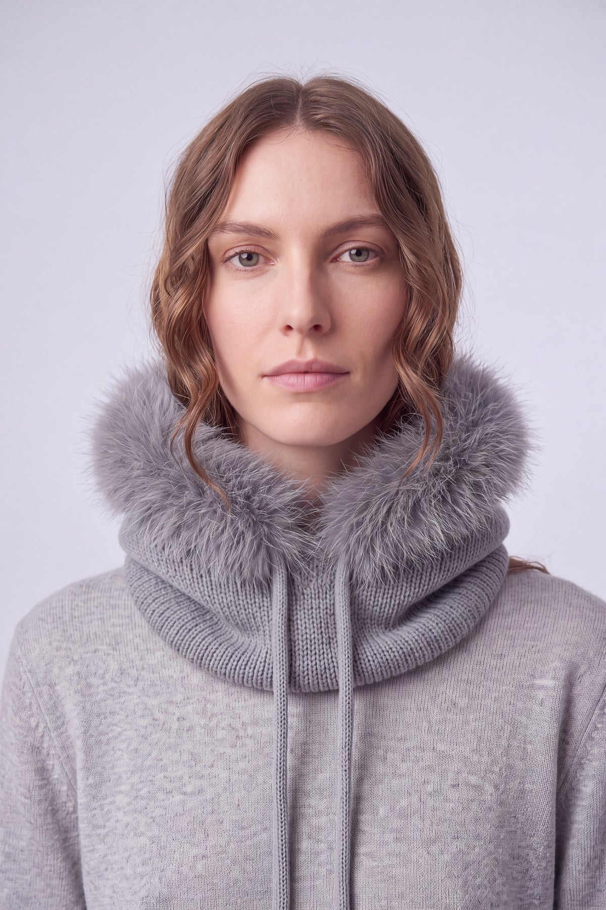 Women’s Faux Fur Trim Knitted Hood Scarf with Tie Fastening
