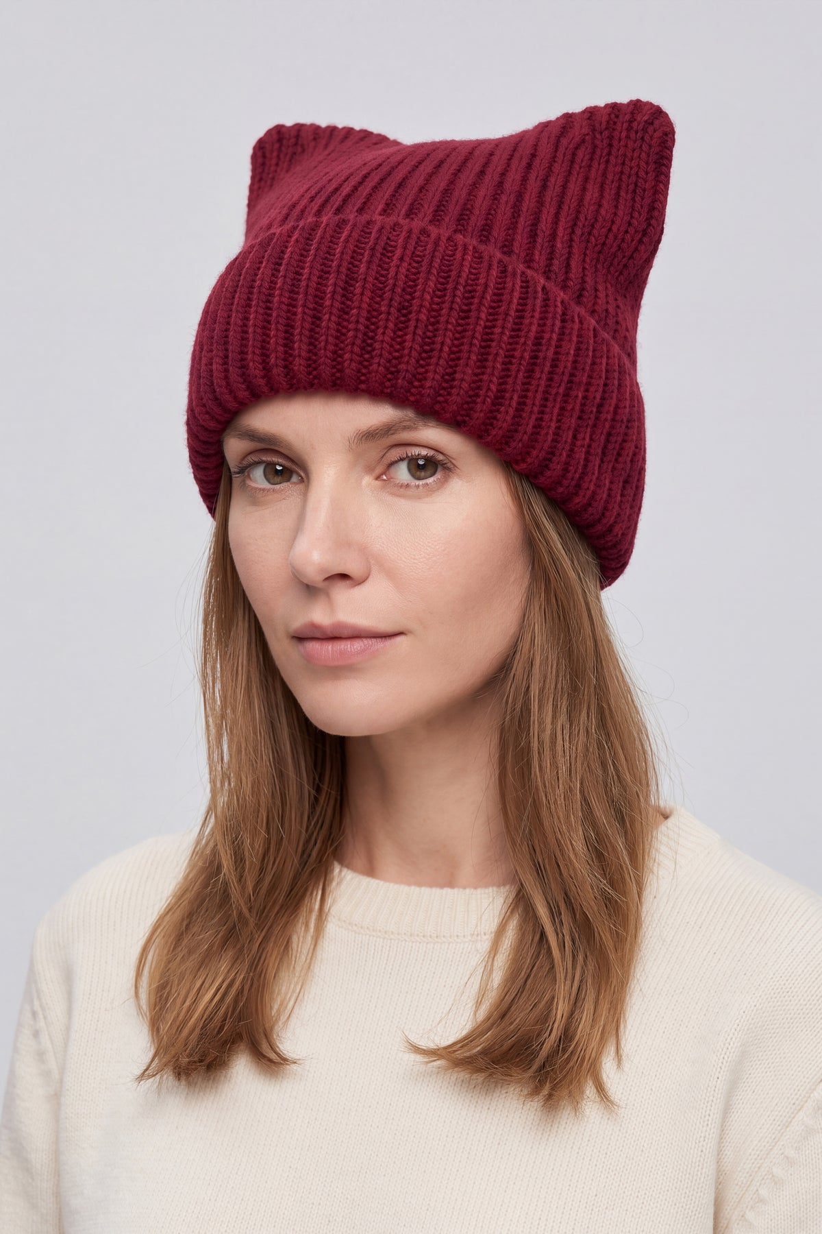 Women’s Ribbed Knit Turn-Up Cat Ear Beanie Hat