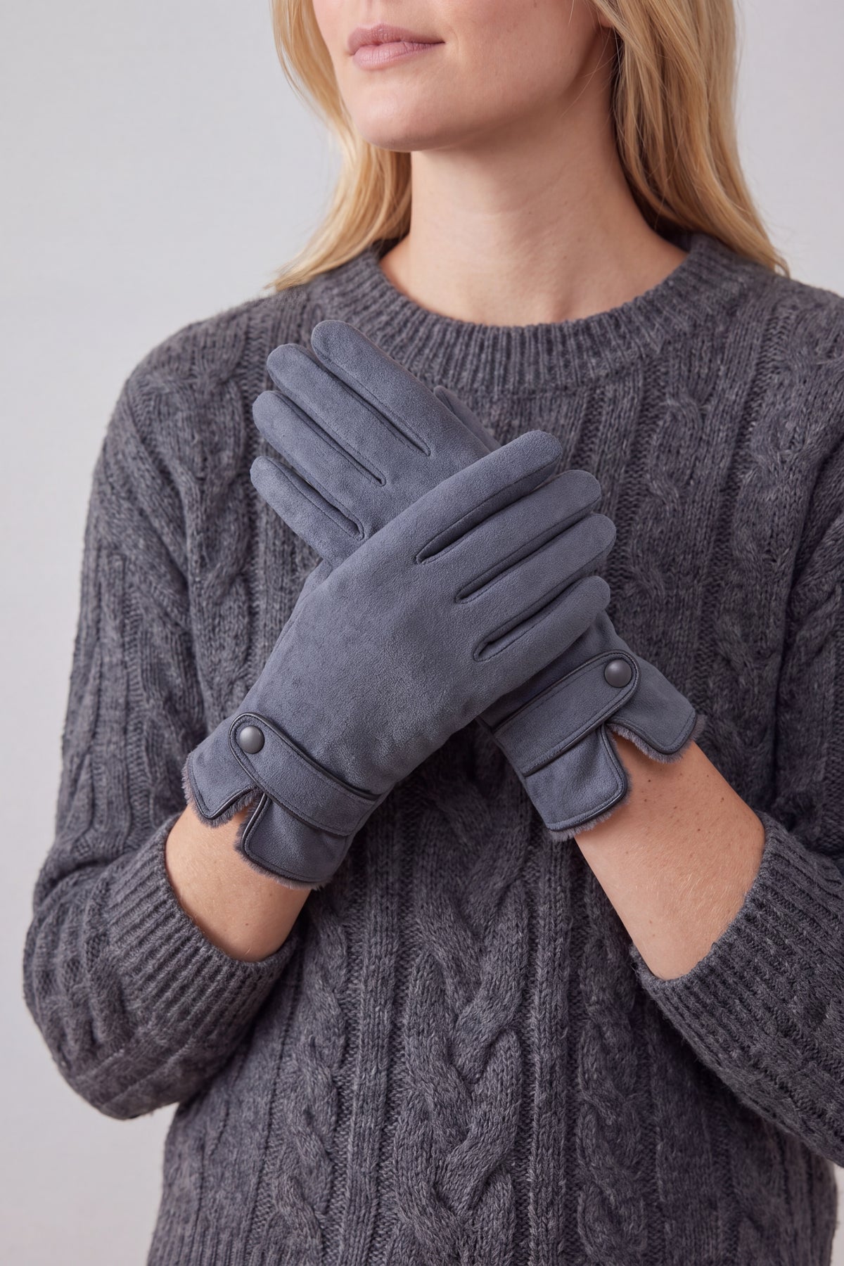 Plain Touch Screen Winter Gloves with Single Button Detail on Cuff