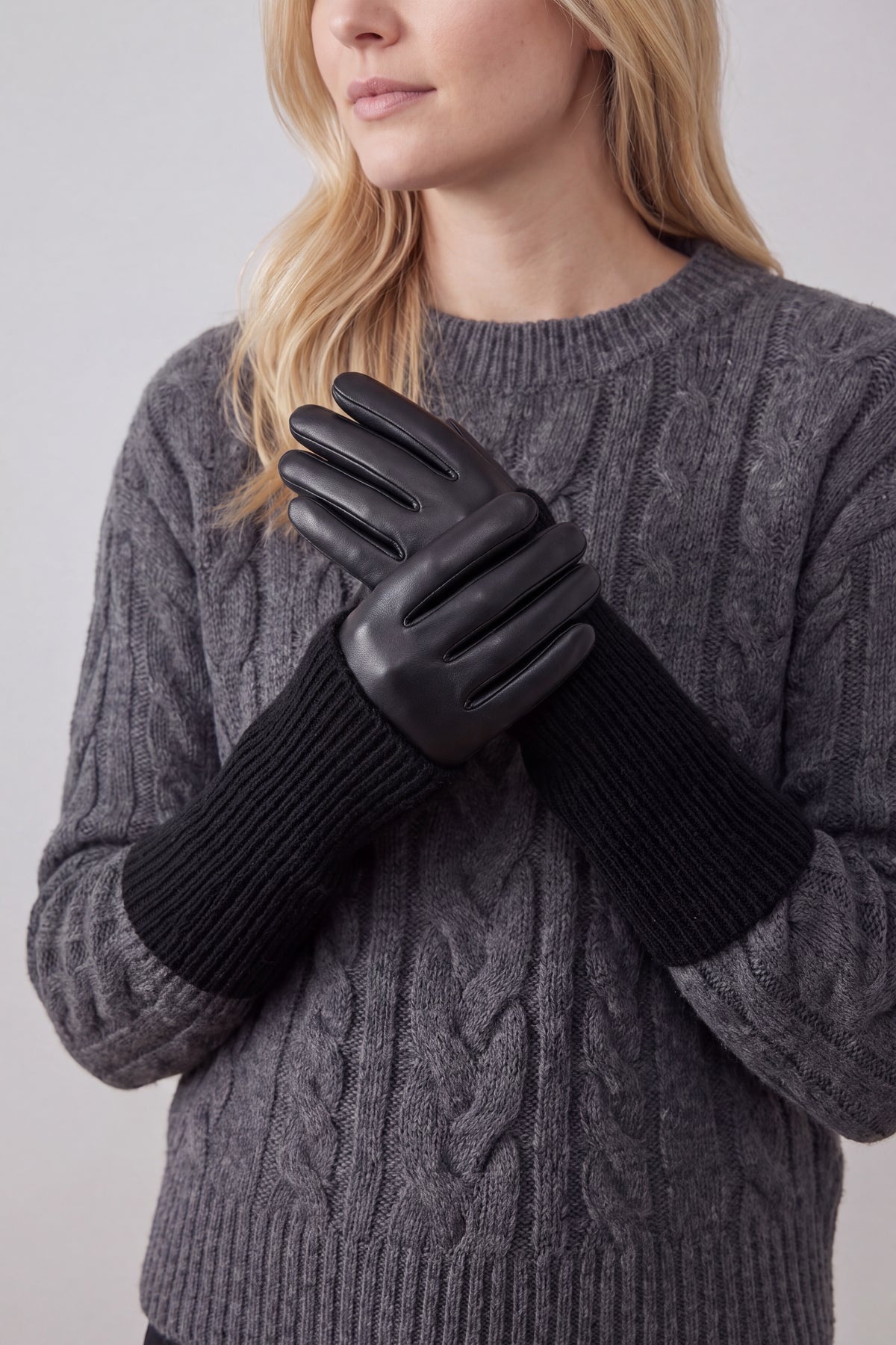 2-Piece Faux Leather Gloves & Removable Knitted Fingerless Gloves Set