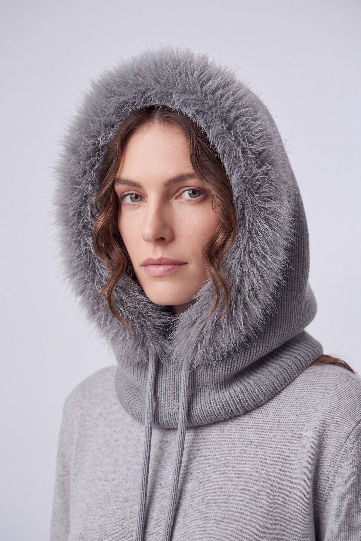Women’s Faux Fur Trim Knitted Hood Scarf with Tie Fastening
