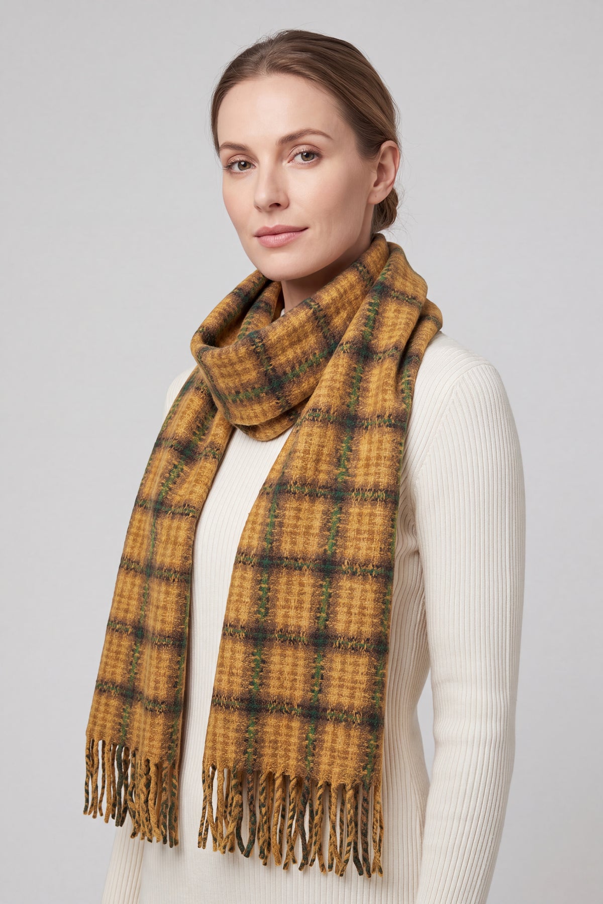 Vibrant Checked Wool Mix Tassel Scarf