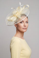 Women’s Mesh Disc Fascinator with Feather Trim, Loop Bow & Headband