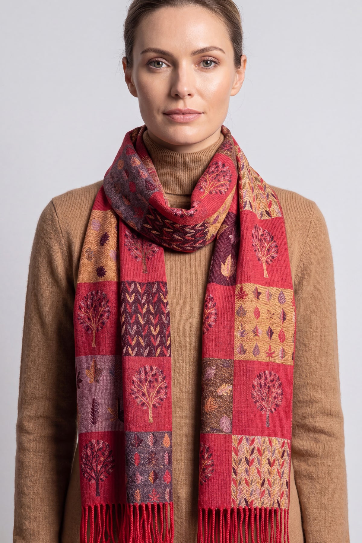 Women's Enchanted Forest Mosaic Scarf with Tassel Fringe