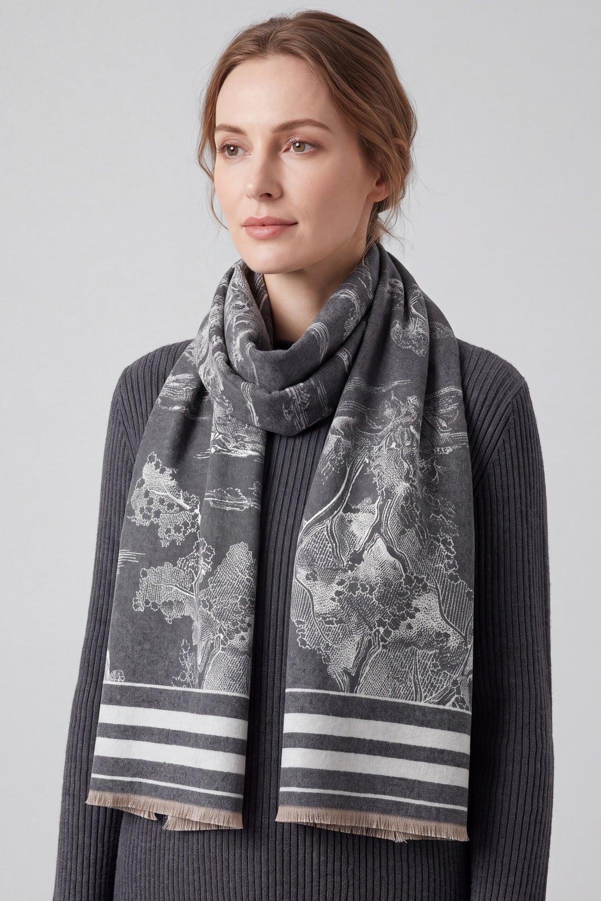 Women’s Toile Print Woven Scarf with Fringed Edge