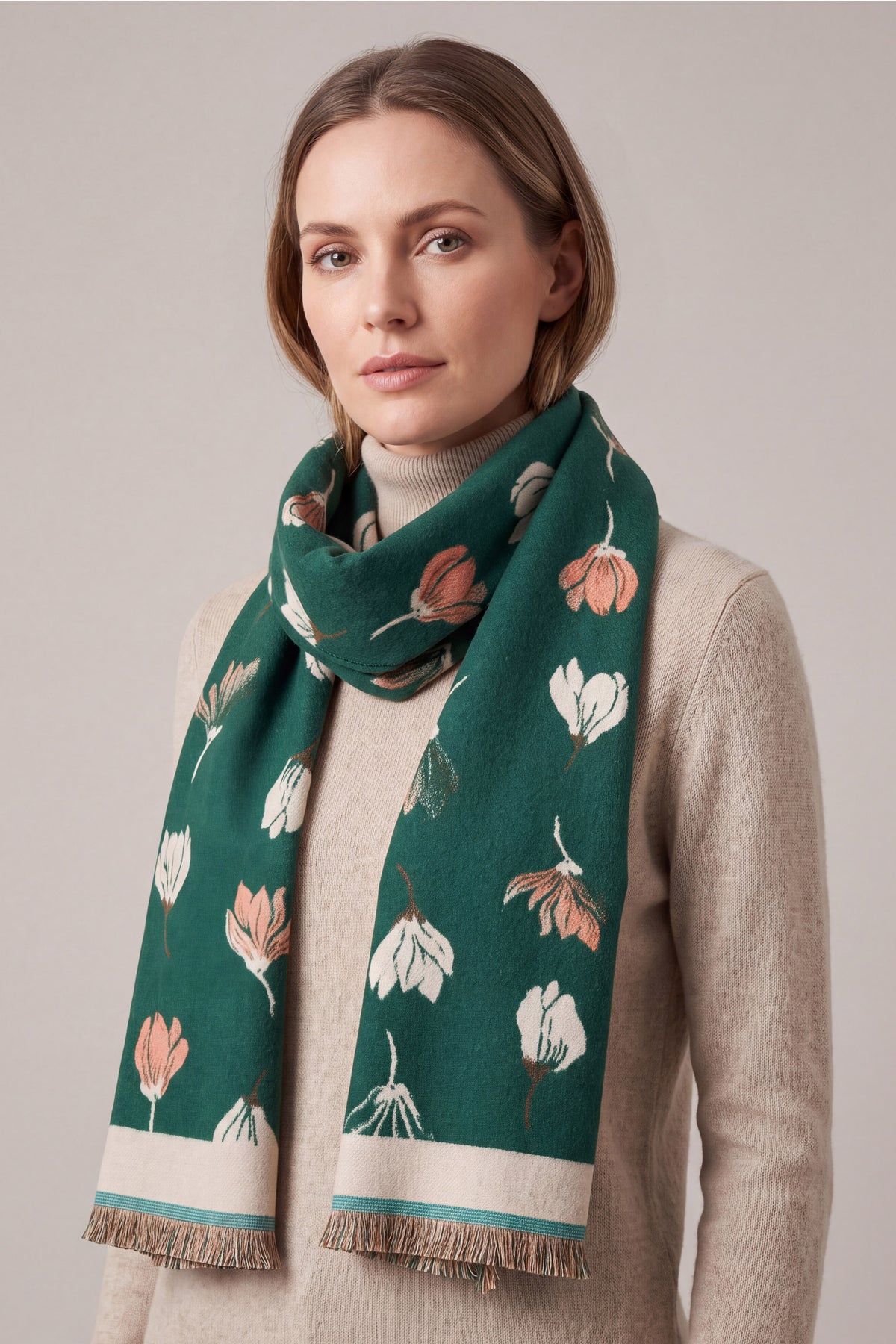 Women’s Reversible Floral Print Contrast Border Fringed Scarf