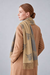 Women’s Highland Cow Print Reversible Scarf with Tassel Fringe