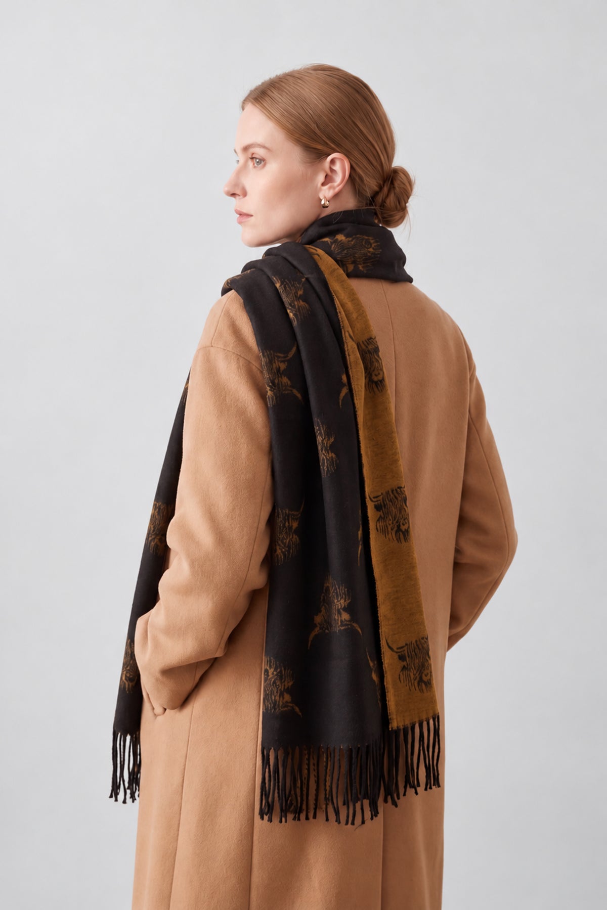 Women’s Highland Cow Print Reversible Scarf with Tassel Fringe