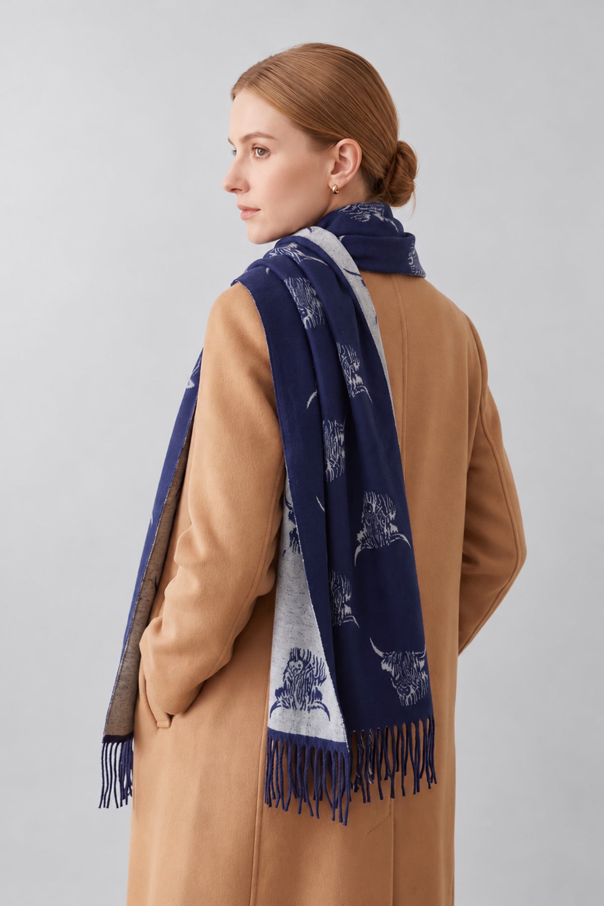 Women’s Highland Cow Print Reversible Scarf with Tassel Fringe