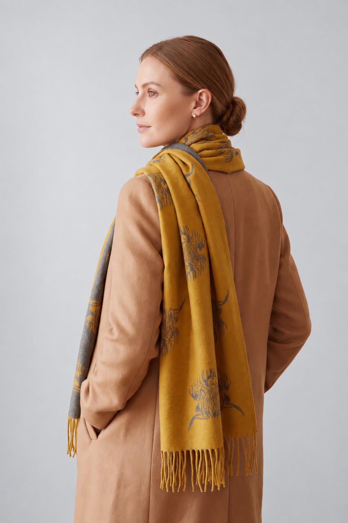 Women’s Highland Cow Print Reversible Scarf with Tassel Fringe