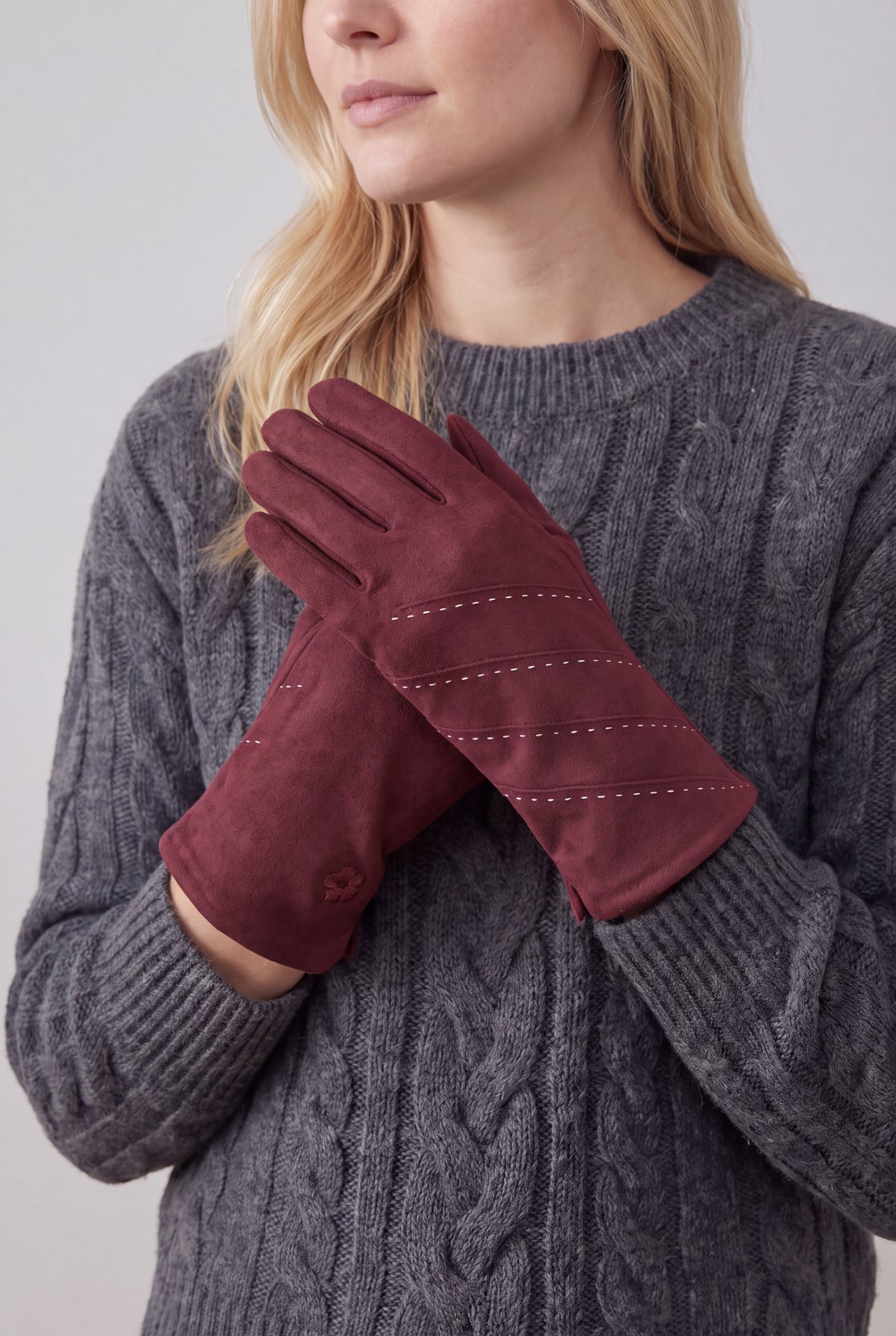 Women’s Touchscreen Faux Suede Gloves with Contrast Stitch Detail