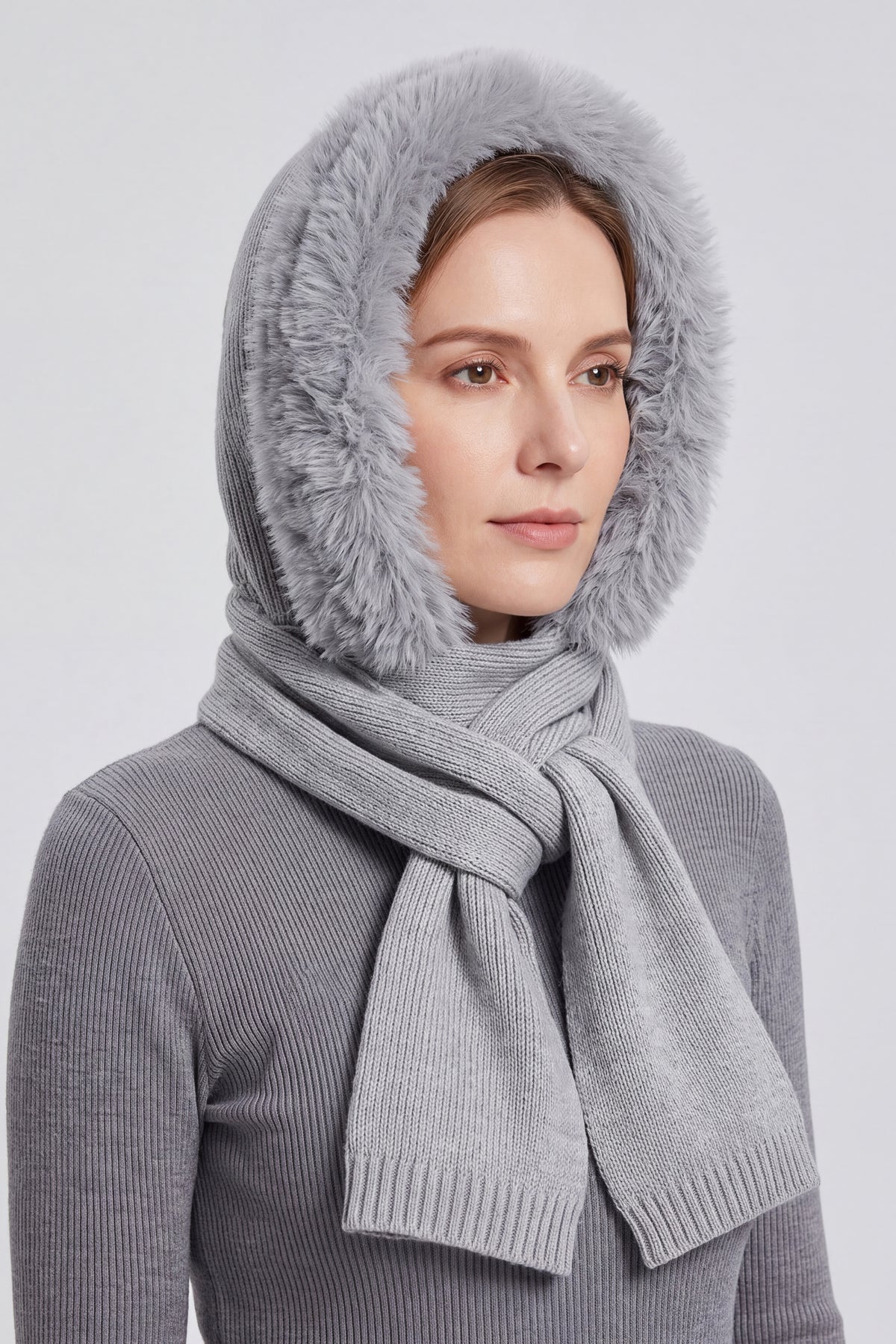 Women's Acrylic Blend Knitted Hooded Scarf with Faux Fur Trim