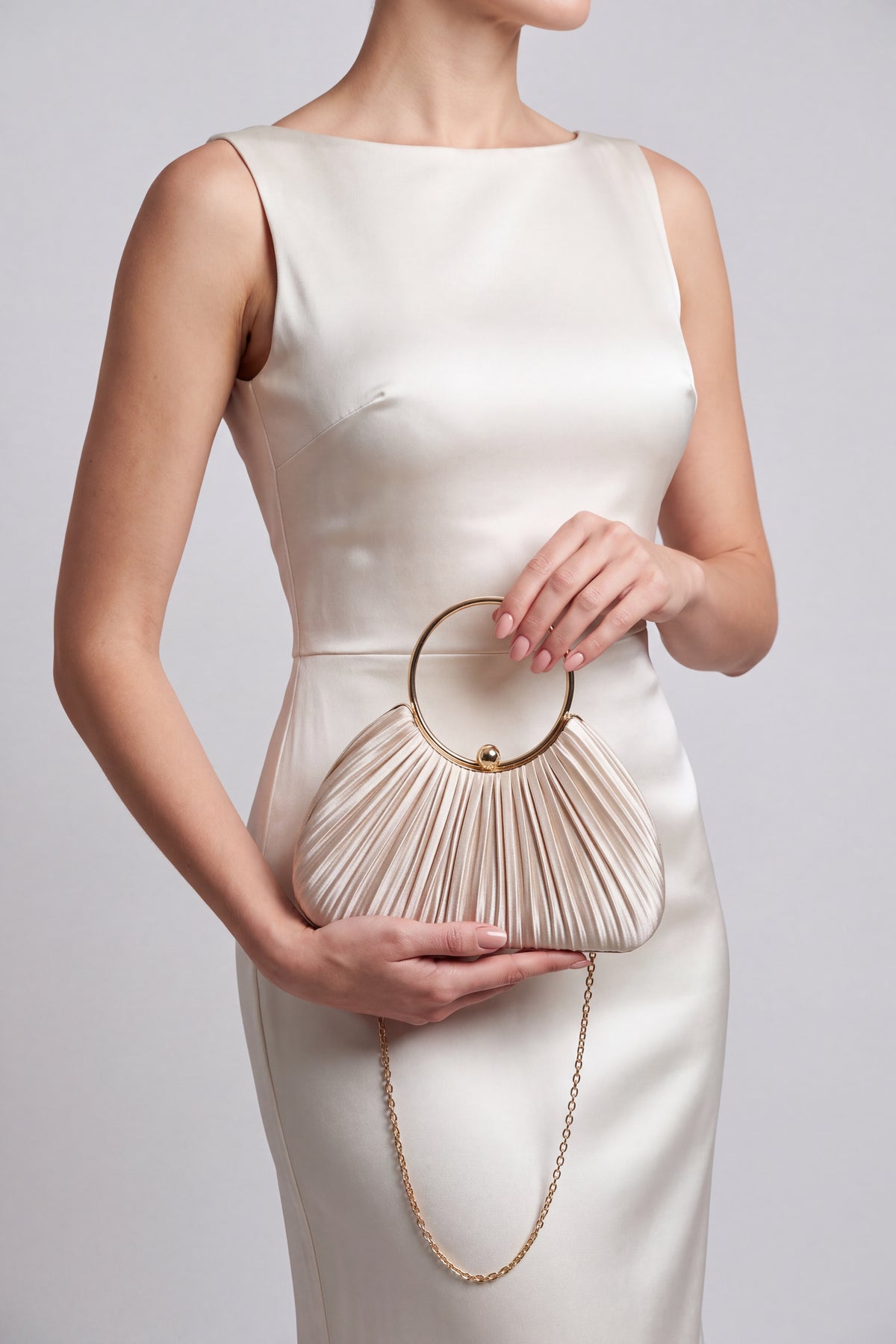 Pleated Satin Evening Bag with Gold Ring Handle