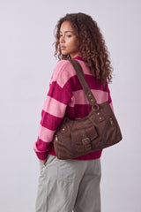 Women’s Suede-Look Shoulder Bag with Buckle Pocket Detail