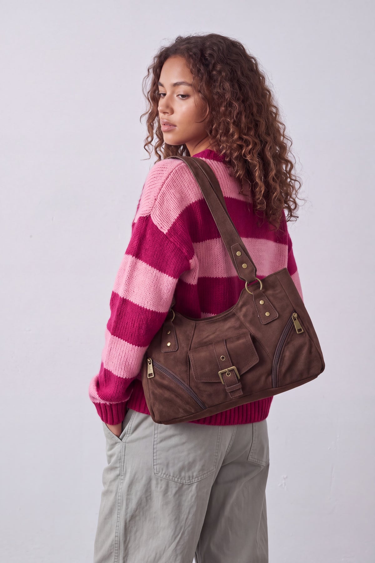 Women’s Suede-Look Shoulder Bag with Buckle Pocket Detail