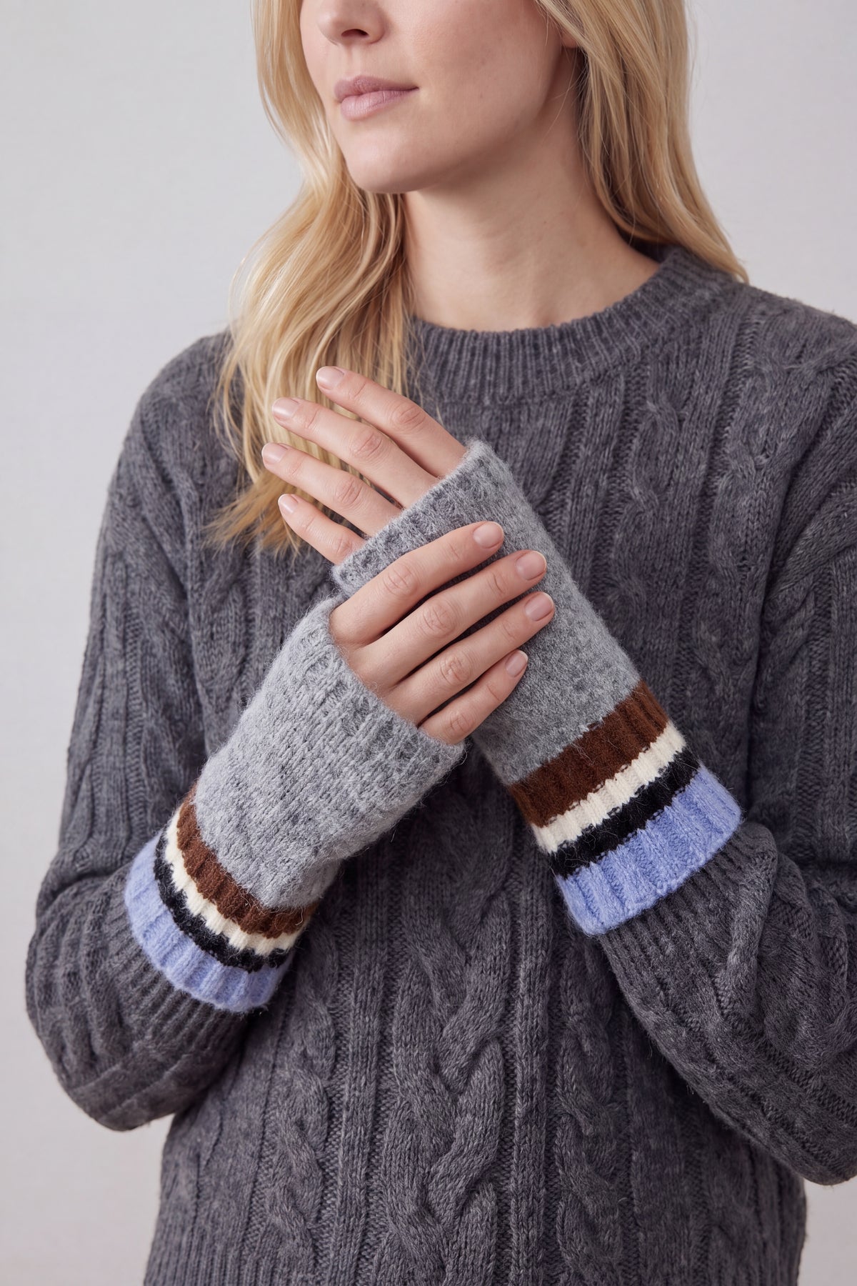 Women’s Soft Knit Fingerless Gloves with Striped Cuffs