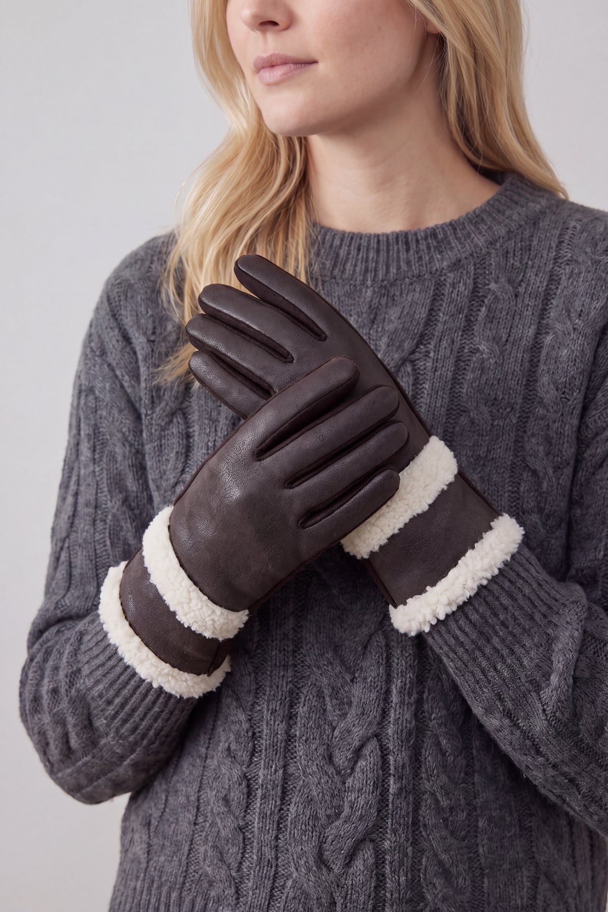 Women's Touchscreen Suede-Look Gloves with Double Faux Fur Trim
