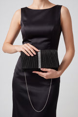 Glitter Pleated Clutch Bag with Crystal Trim and Chain Strap
