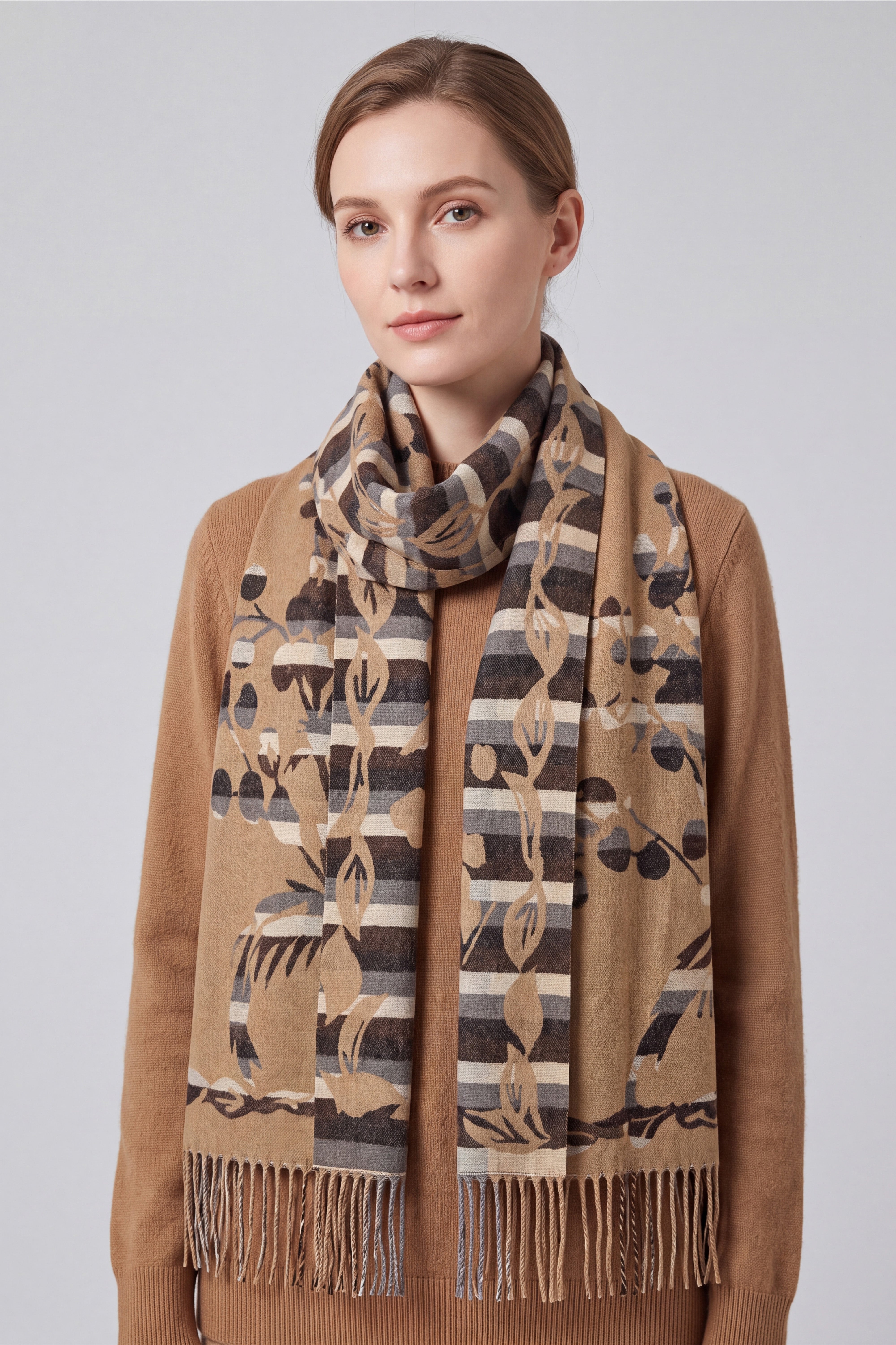 Women’s Abstract Floral & Stripe Tassel Scarf
