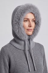 Women’s Faux Fur Trim Knitted Hood Scarf with Tie Fastening