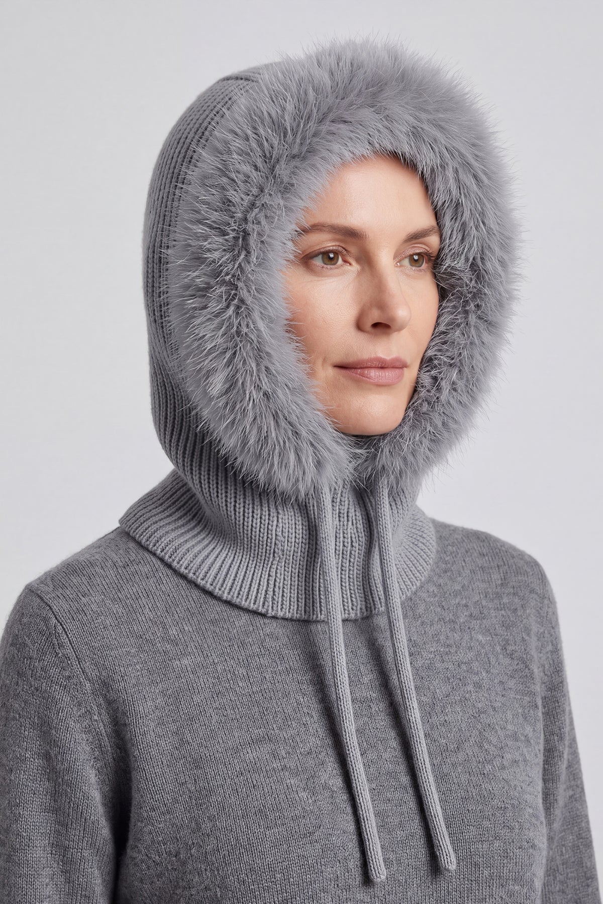 Women’s Faux Fur Trim Knitted Hood Scarf with Tie Fastening