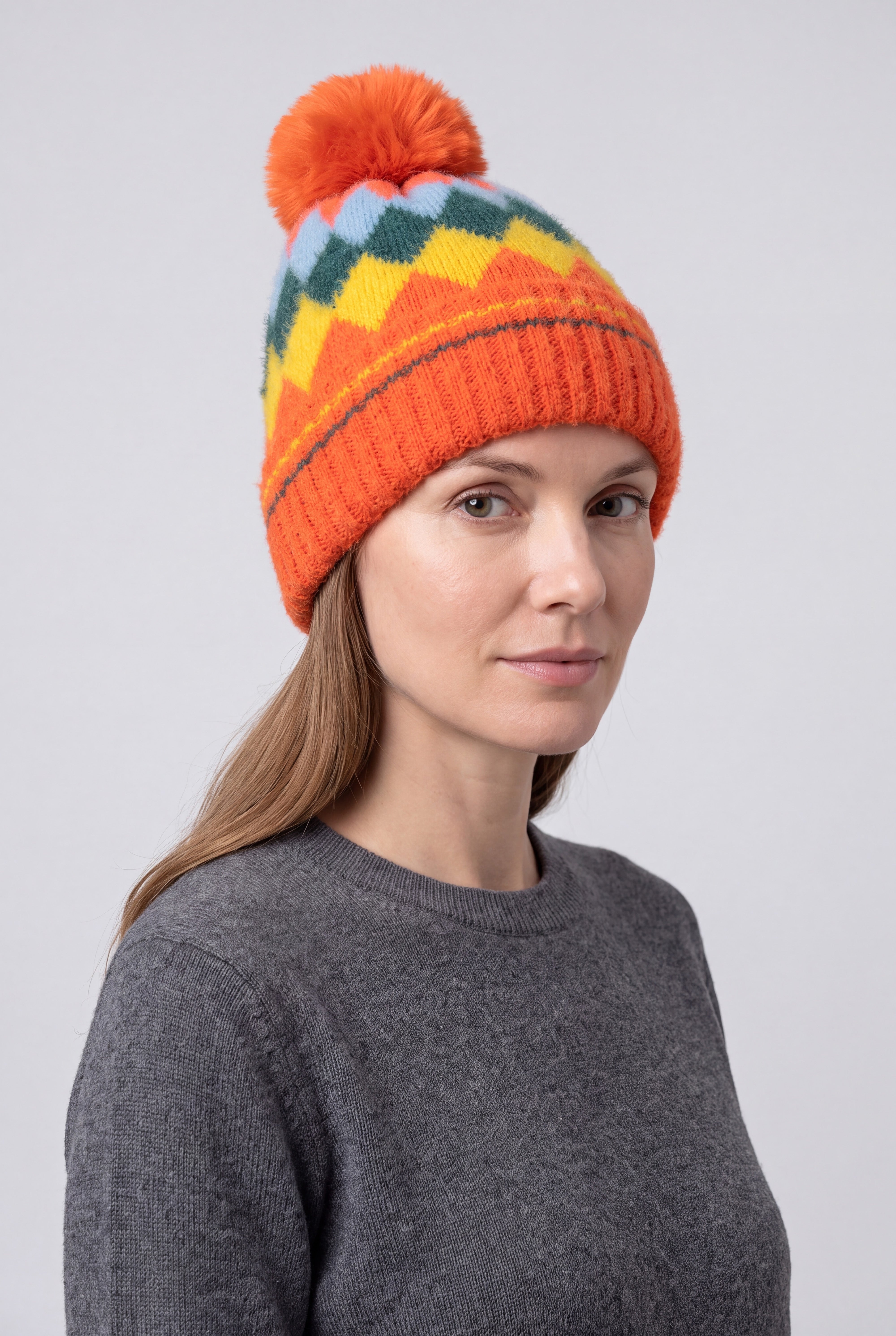 Colourful Diamond-Shaped Pom Pom Hat