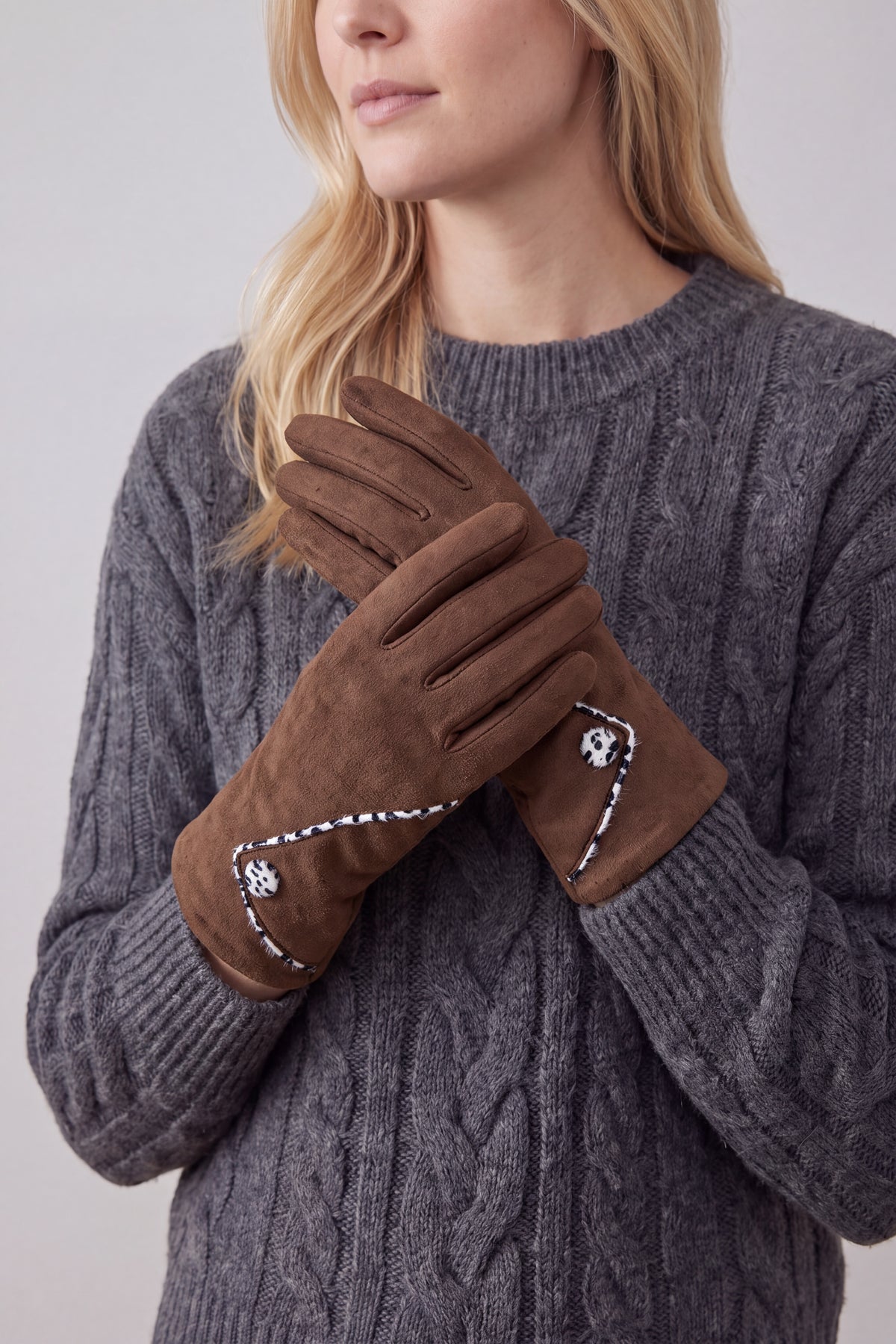 Women’s Faux Suede Animal Print Trim Button Gloves