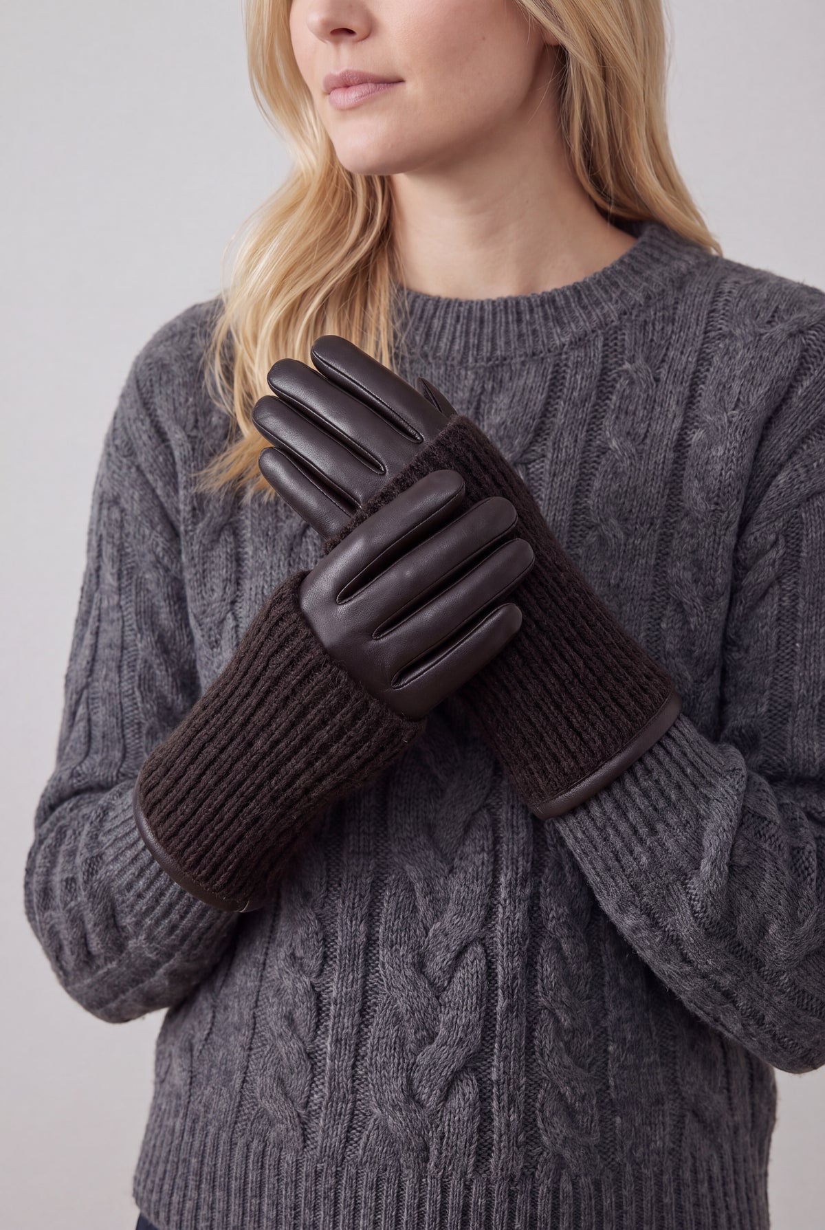 2-Piece Faux Leather Gloves & Removable Knitted Fingerless Gloves Set