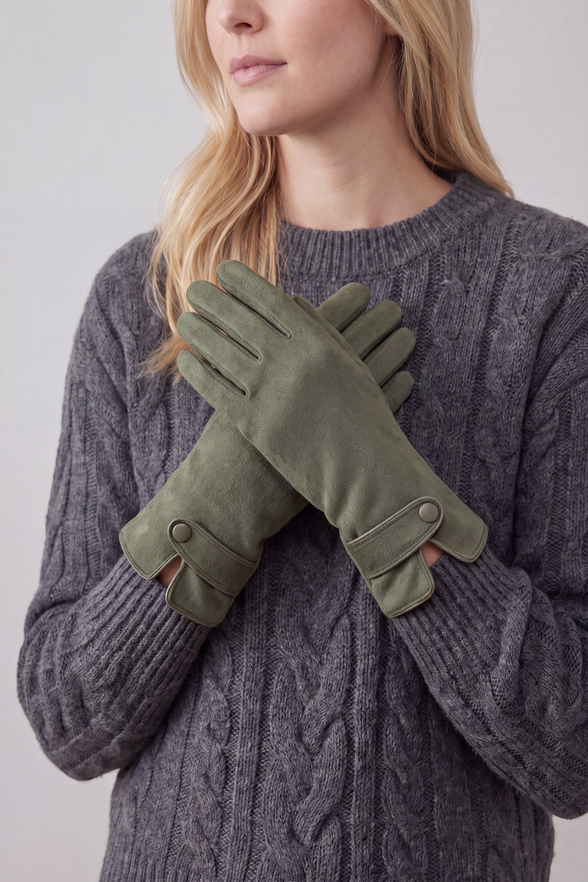Plain Touch Screen Winter Gloves with Single Button Detail on Cuff