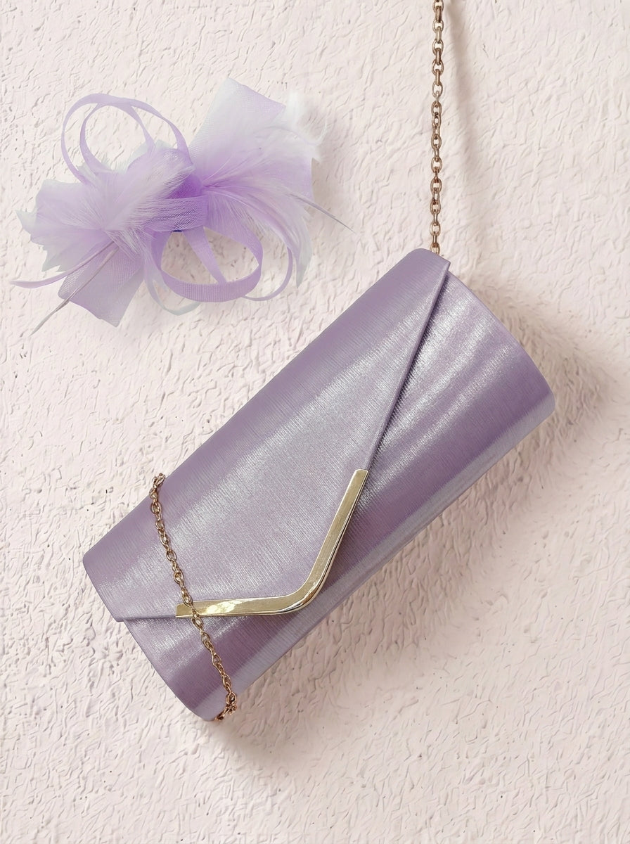 Textured Envelope Clutch Bag with Gold Chain & Feather Fascinator Lilac Set
