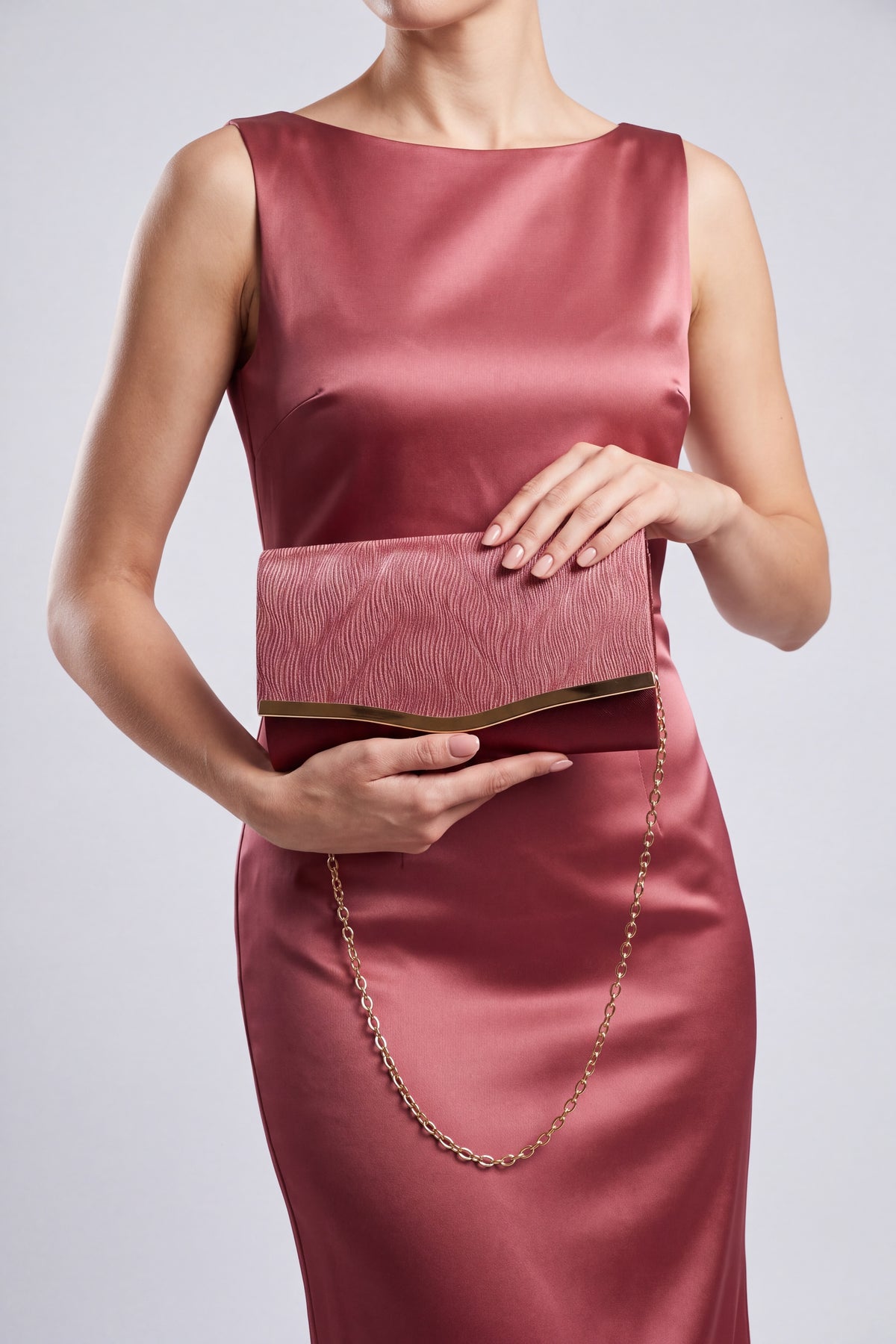 Textured Satin Clutch Bag with Gold Trim