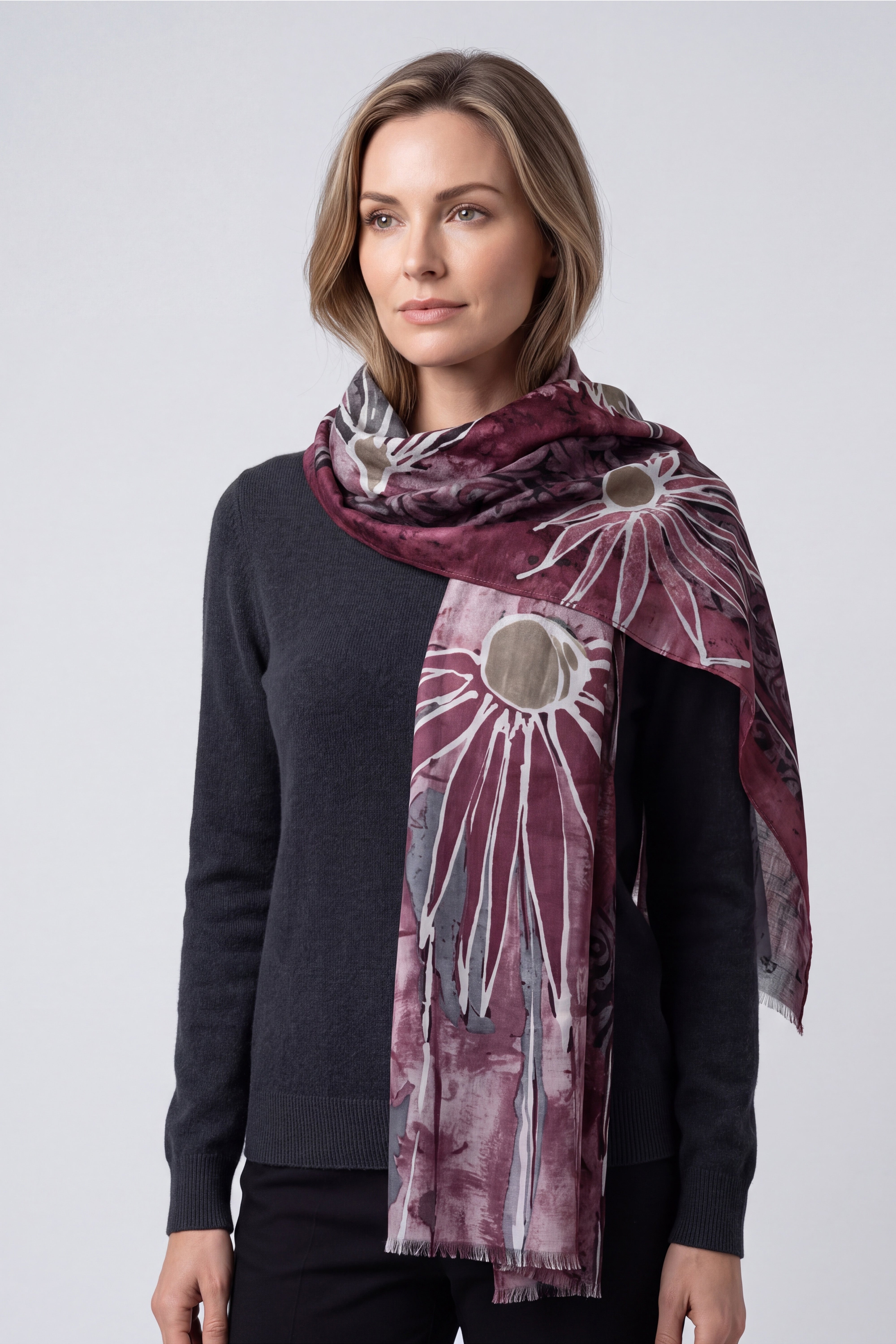 Women’s Floral Print Lightweight Scarf with Frayed Edges