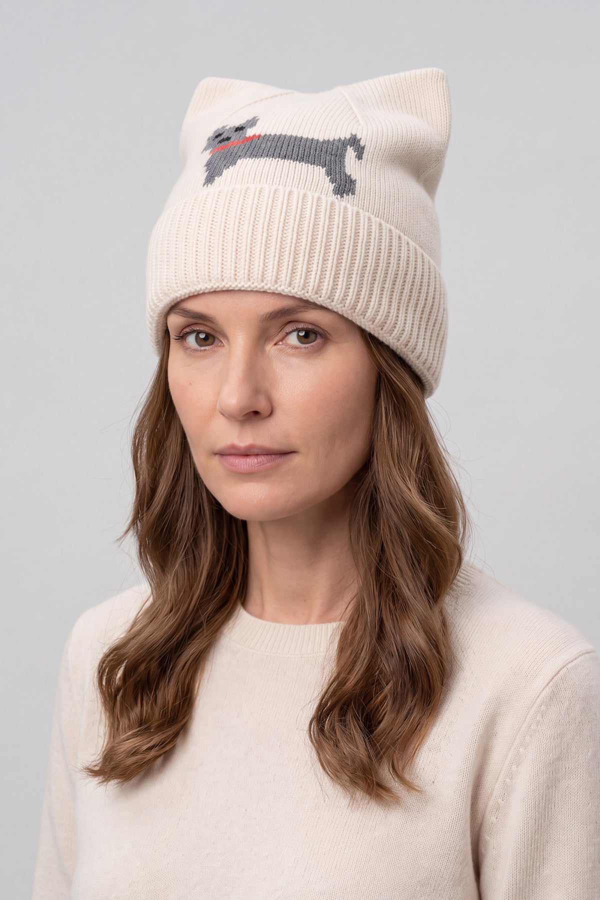 Women’s Dog Motif Knit Turn-Up Cat Ear Beanie Hat