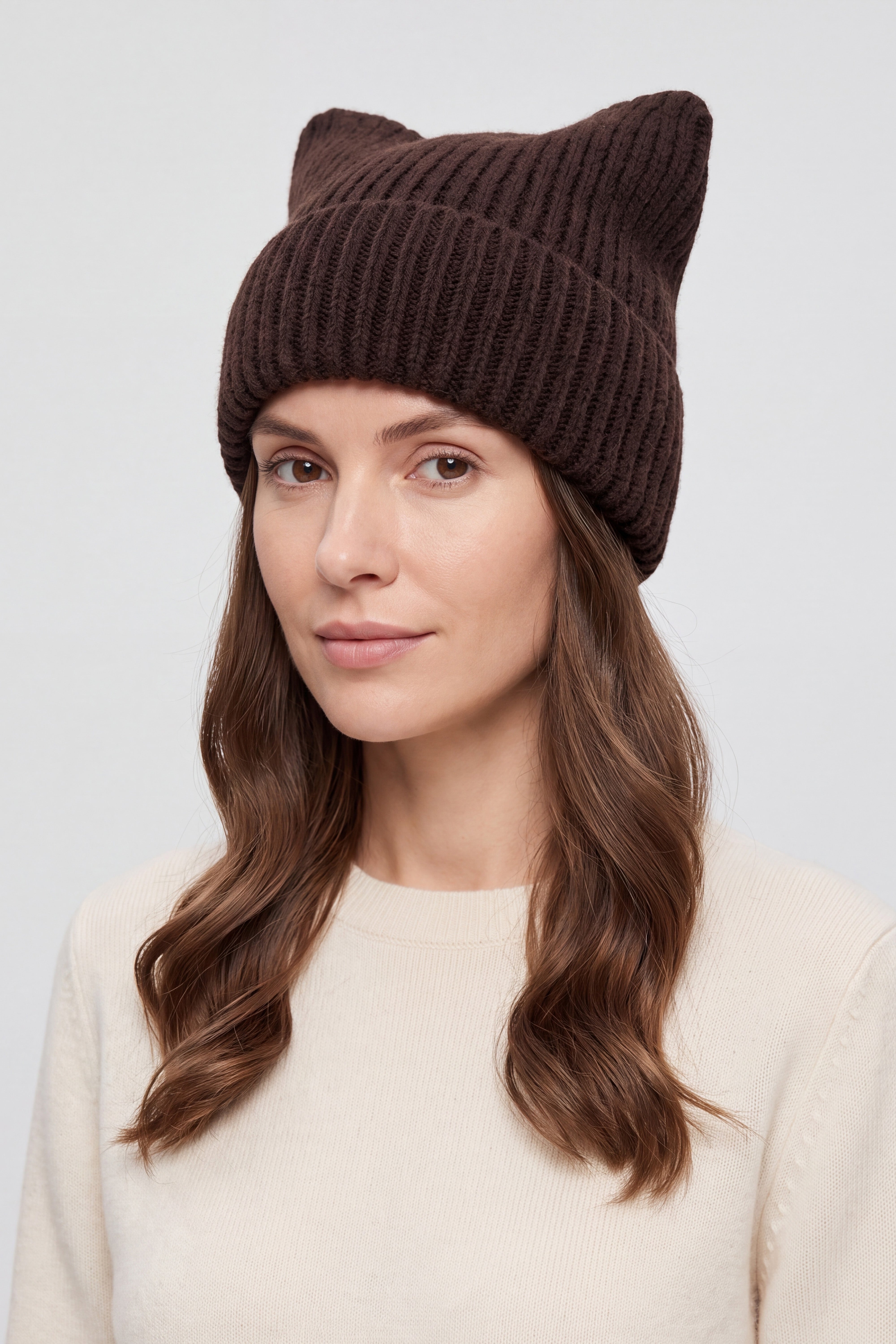 Women’s Ribbed Knit Turn-Up Cat Ear Beanie Hat